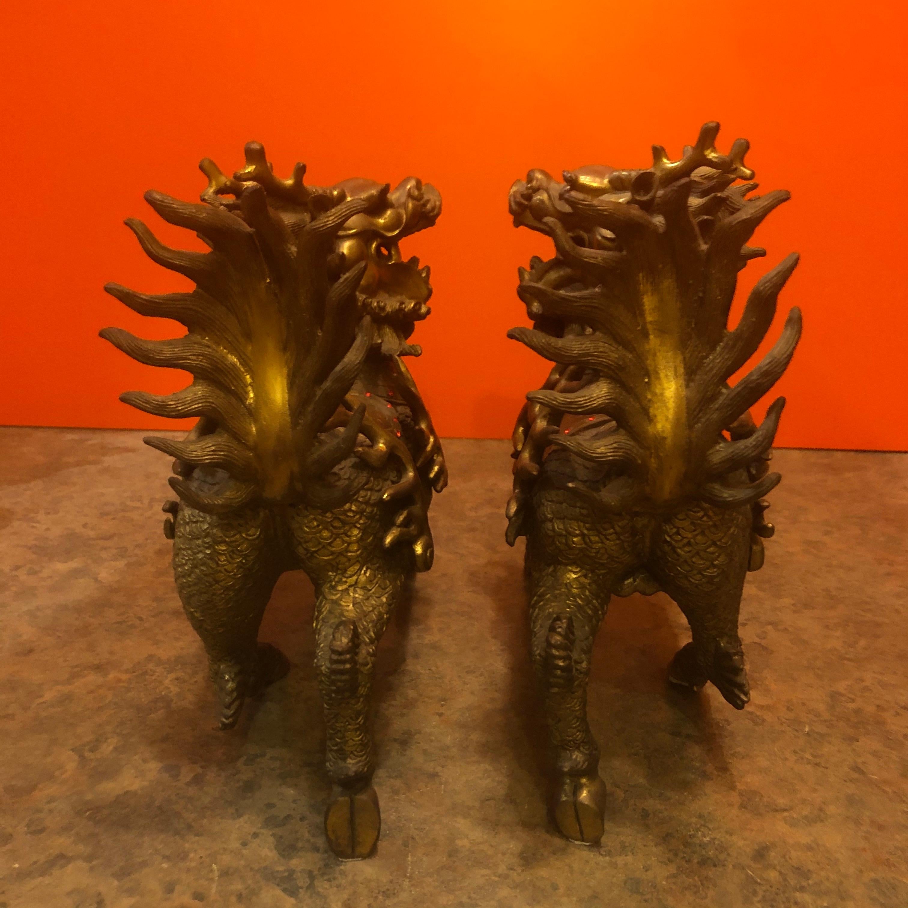 Impressive Pair of Patinated Bronze Chinese Foo Dogs / Lions Statues or Bookends 1