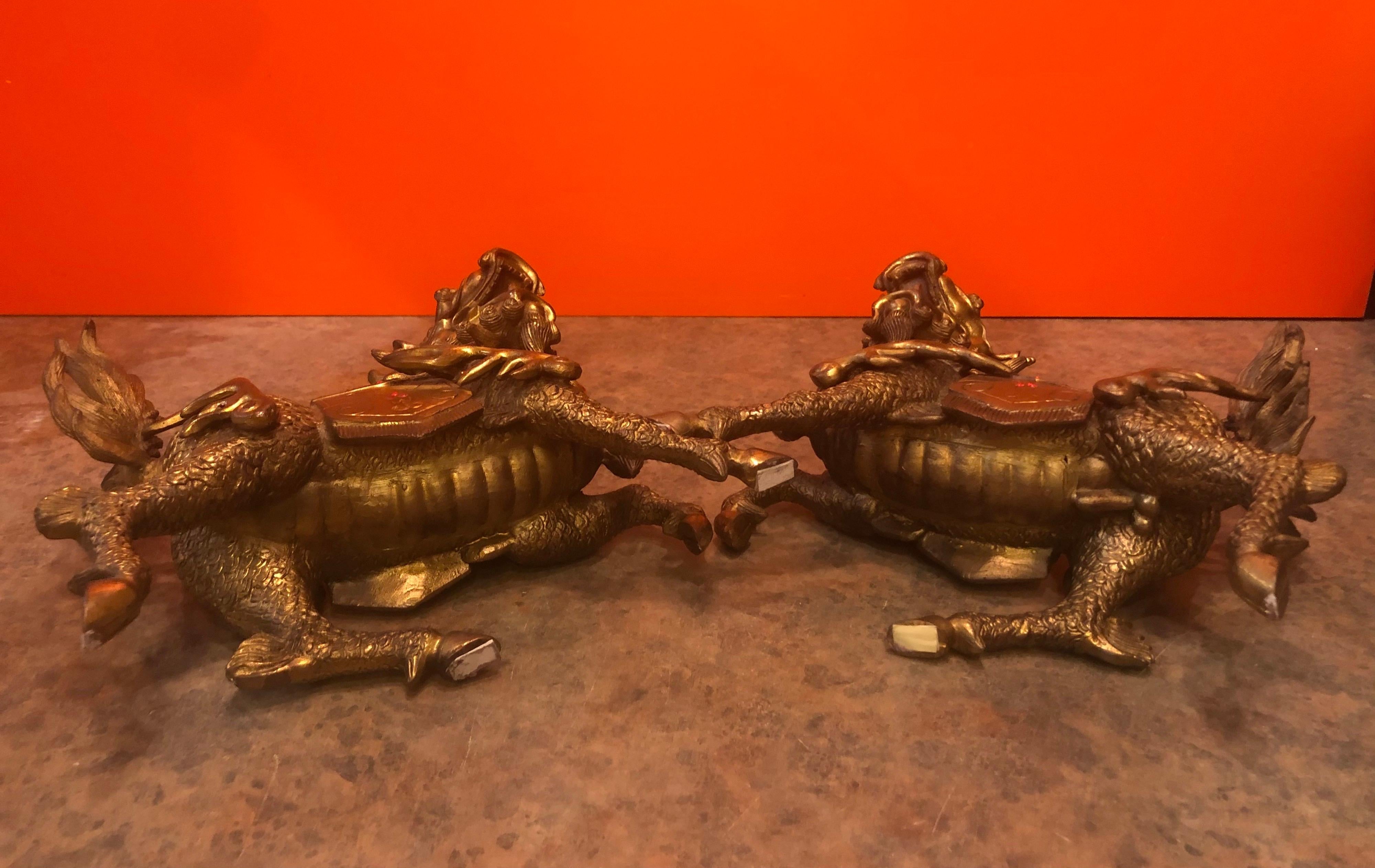 Impressive Pair of Patinated Bronze Chinese Foo Dogs / Lions Statues or Bookends 4