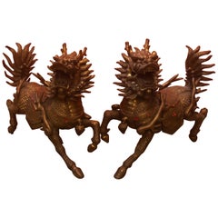 Impressive Pair of Patinated Bronze Chinese Foo Dogs / Lions Statues or Bookends