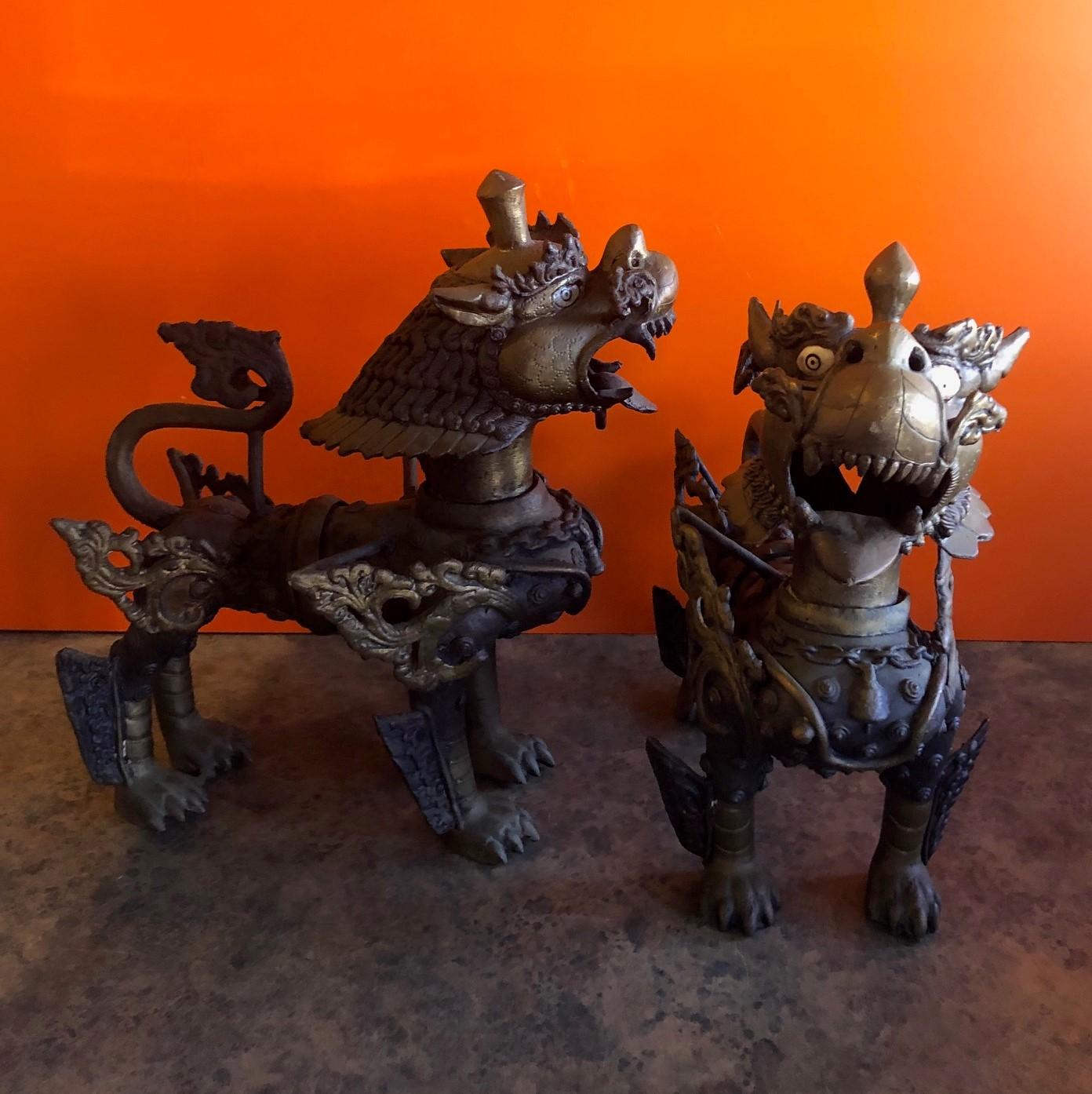 Impressive Pair of Patinated Bronze Chinese Foo Dogs or Tibetan Snow Lions 5