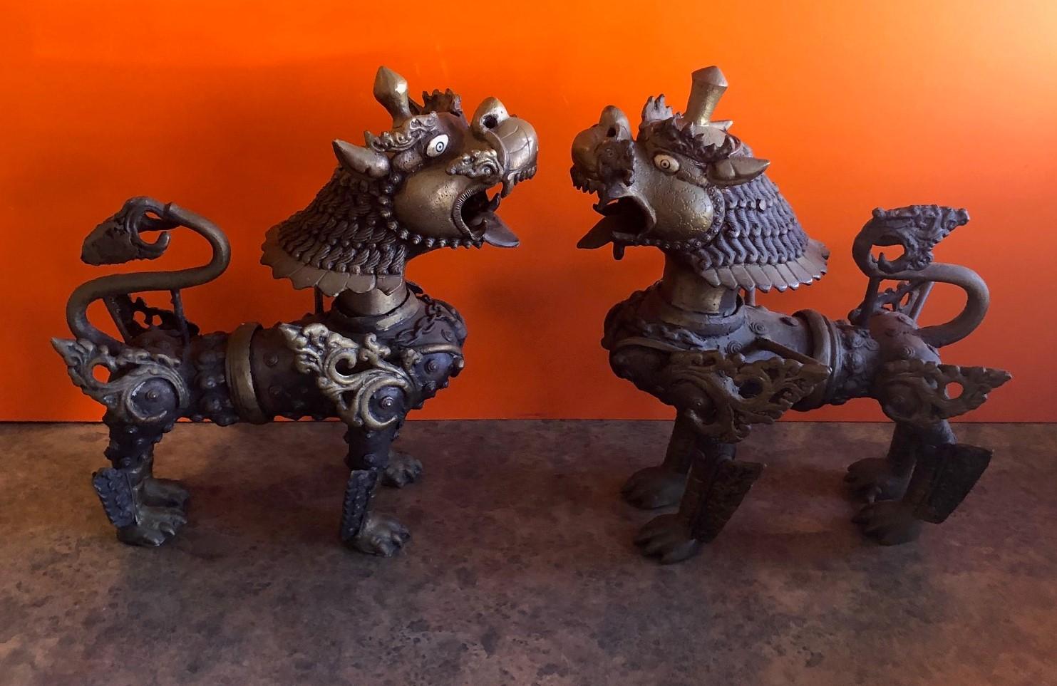 Impressive Pair of Patinated Bronze Chinese Foo Dogs or Tibetan Snow Lions 6