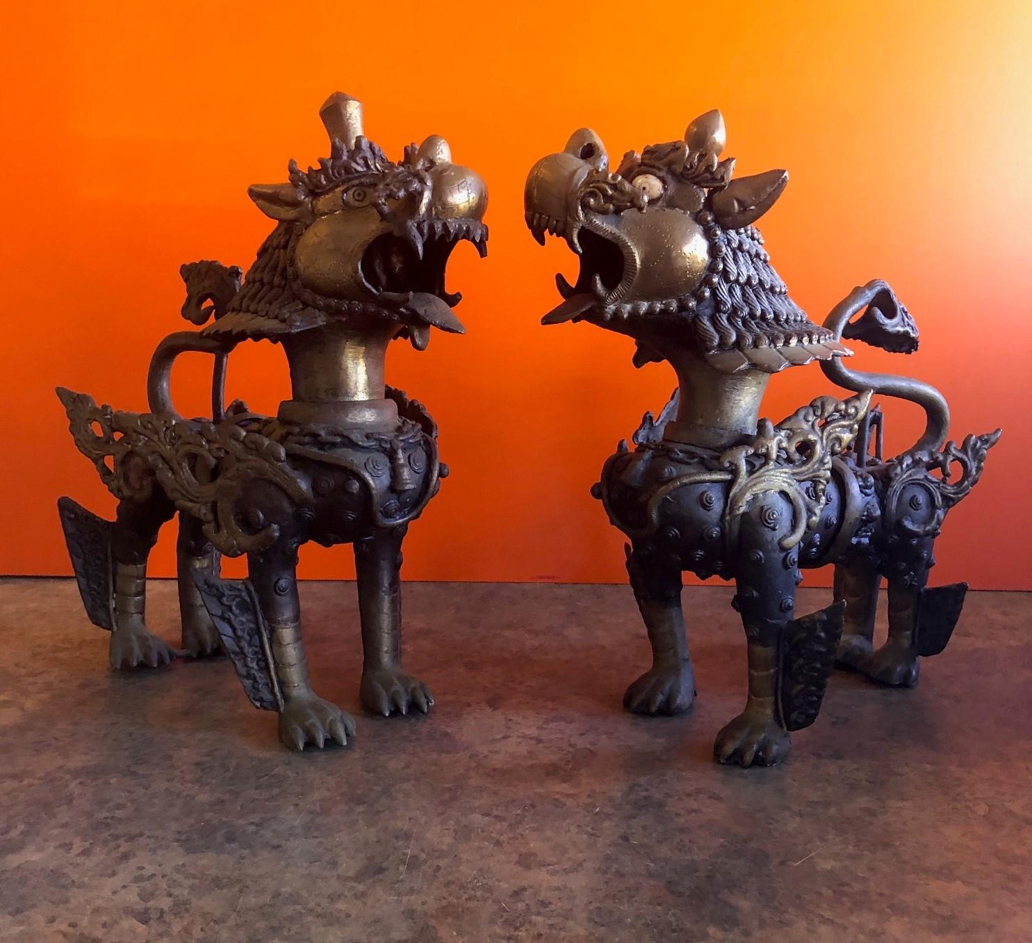Impressive Pair of Patinated Bronze Chinese Foo Dogs or Tibetan Snow Lions 7