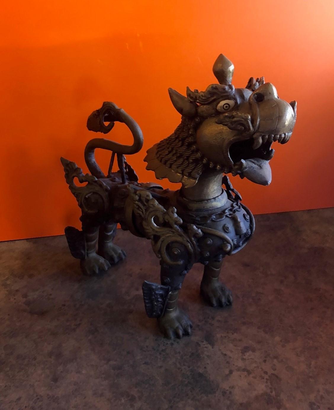 Impressive Pair of Patinated Bronze Chinese Foo Dogs or Tibetan Snow Lions 2