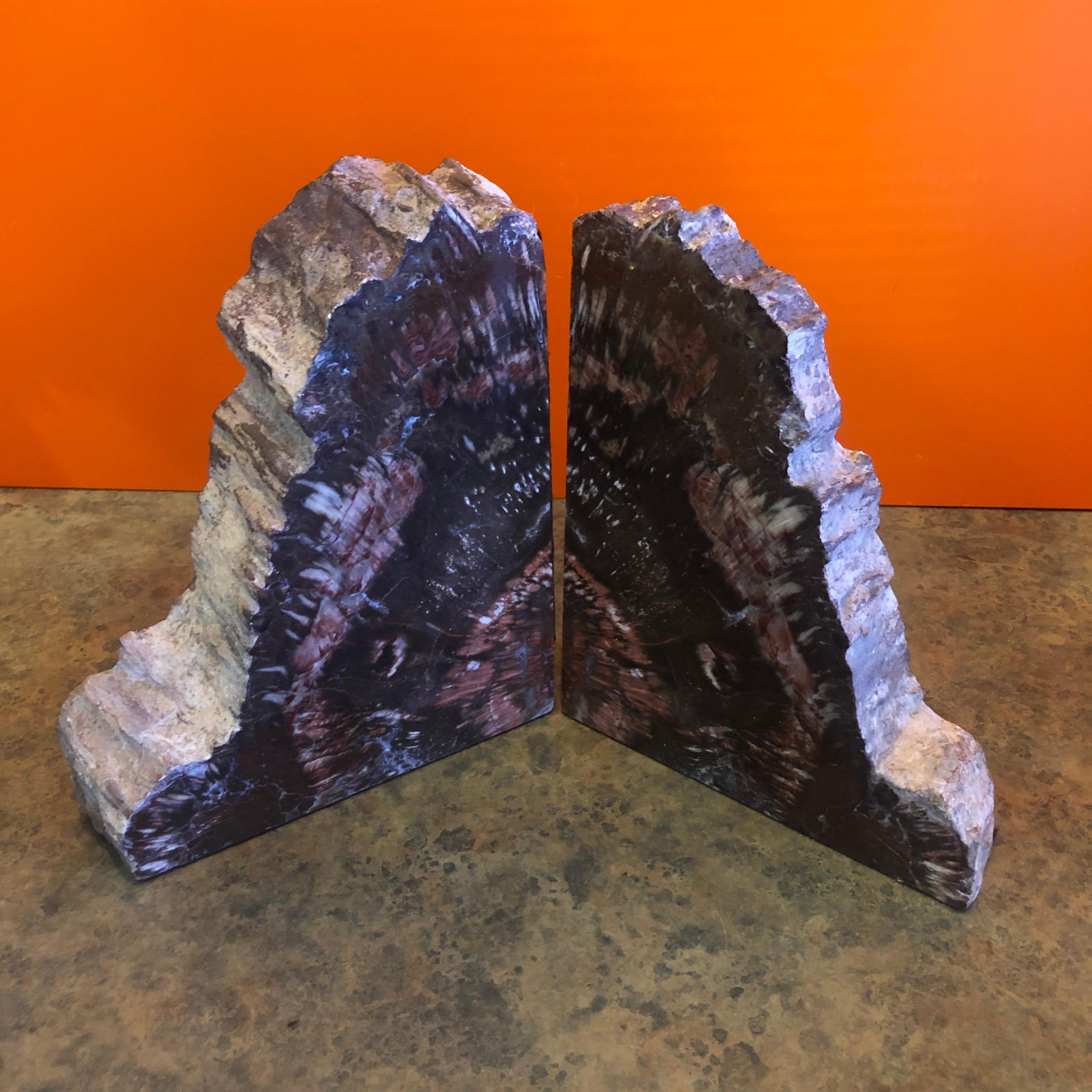 An impressive pair of petrified wood bookends, circa pre-history. Brightly colored tan and brown tones with naturally formed patterns caused by fossilization over millions of years. Finished with a highly polished surface, the exterior edges