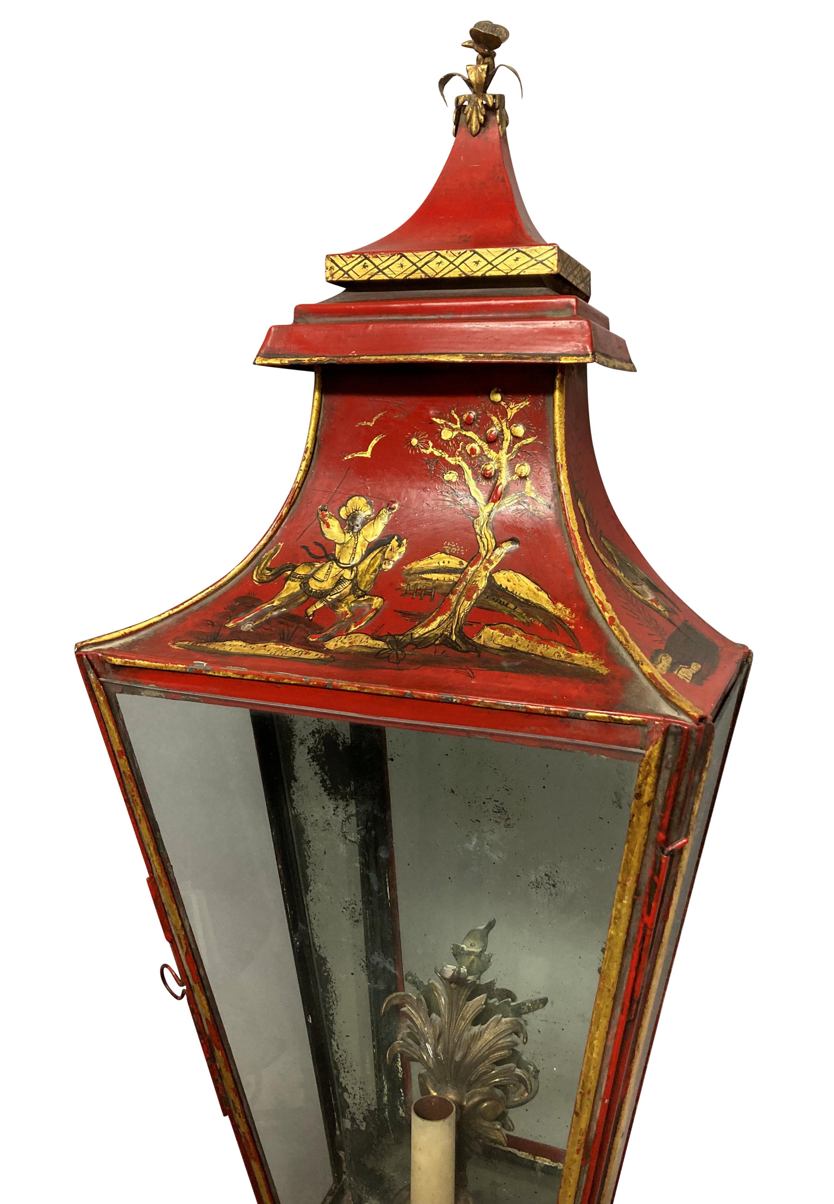 Impressive Pair Of Regency Style Scarlet Japanned Wall Lanterns For Sale 6