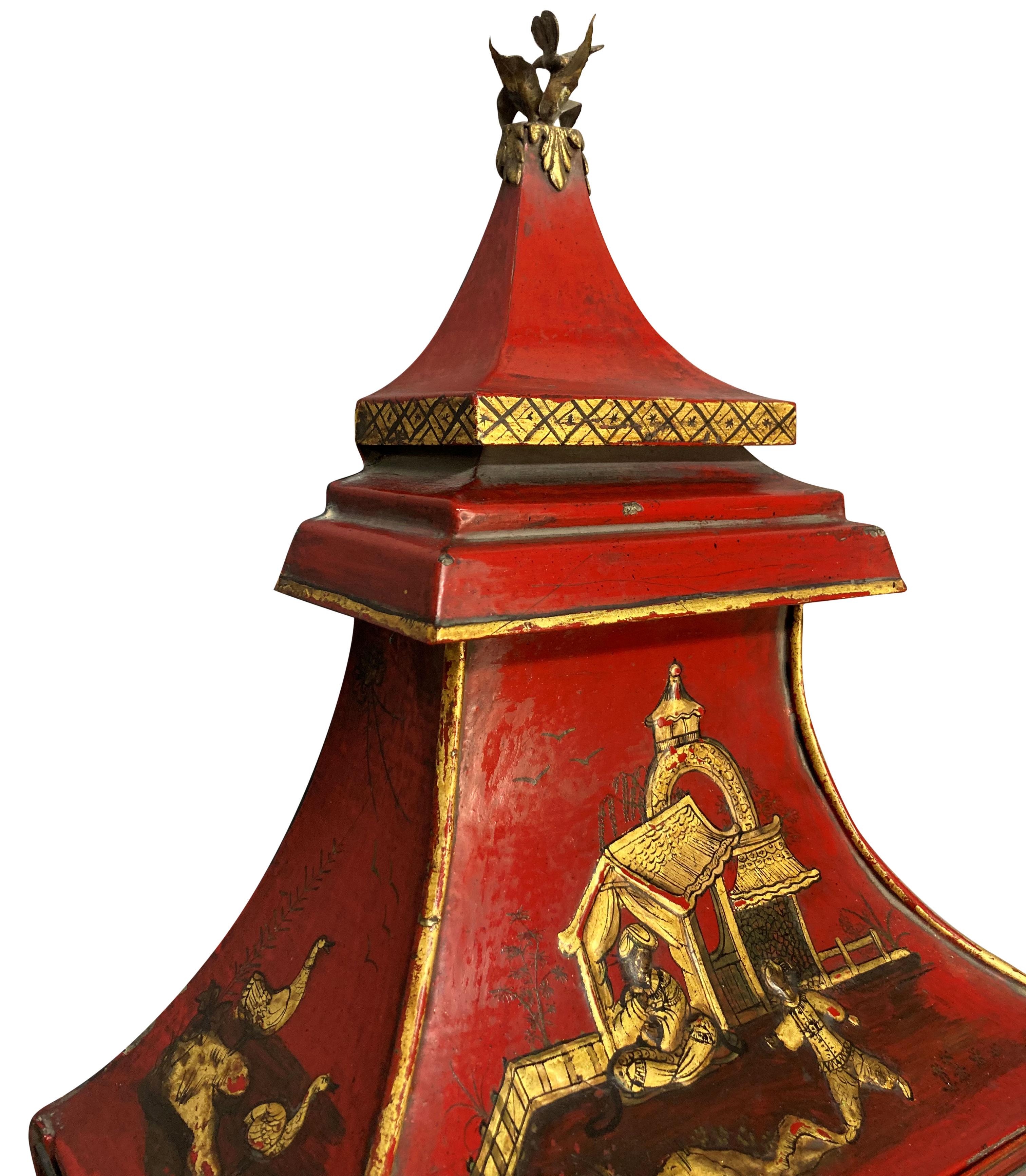 An impressive pair of English Regency style scarlet and gilt japanned tapering, pagoda shaped wall lanterns. With mercury mirror glass back plates and a gilt bronze acanthus single arm sconce. Beautifully hand decorated throughout and with clear