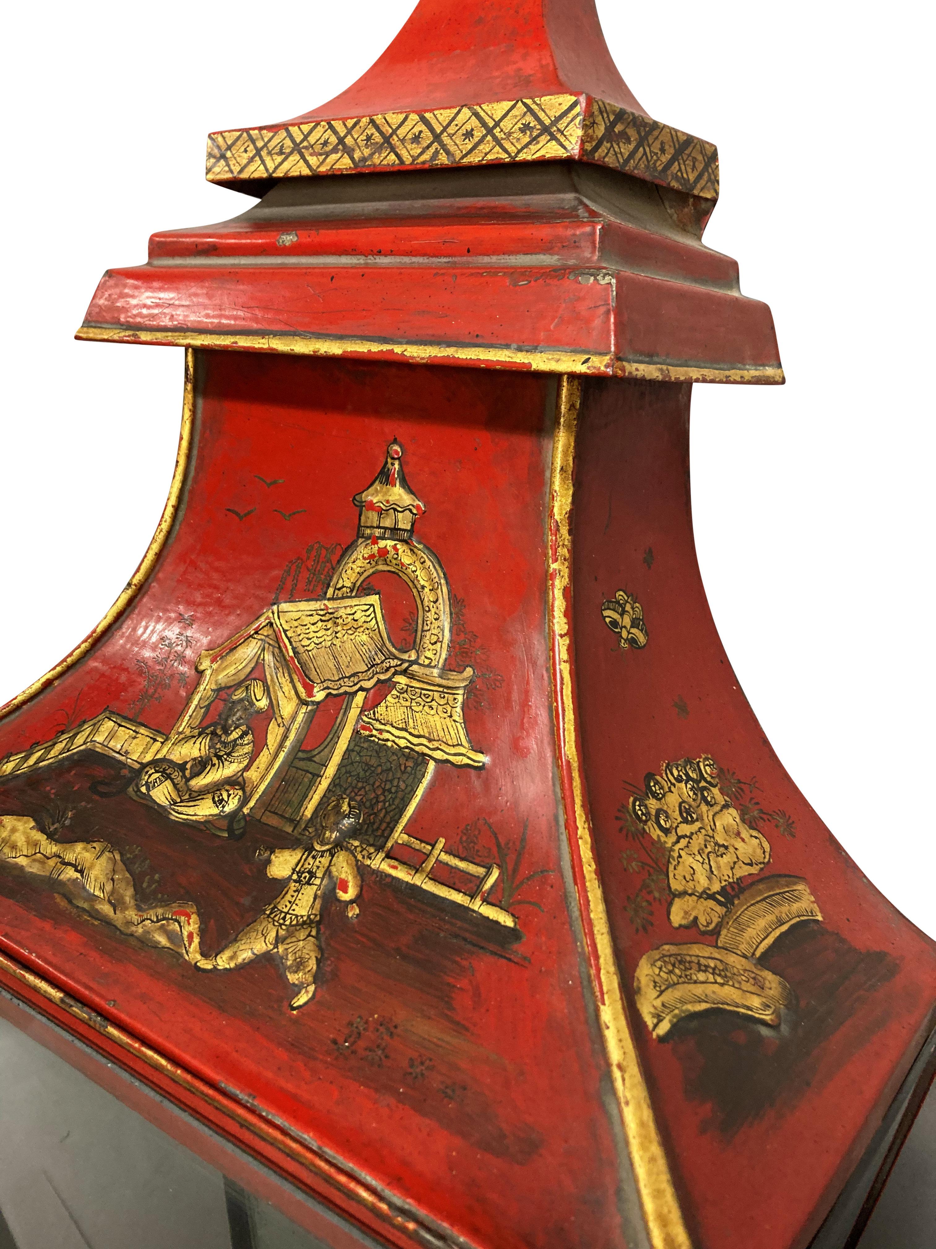 Early 20th Century Impressive Pair Of Regency Style Scarlet Japanned Wall Lanterns For Sale