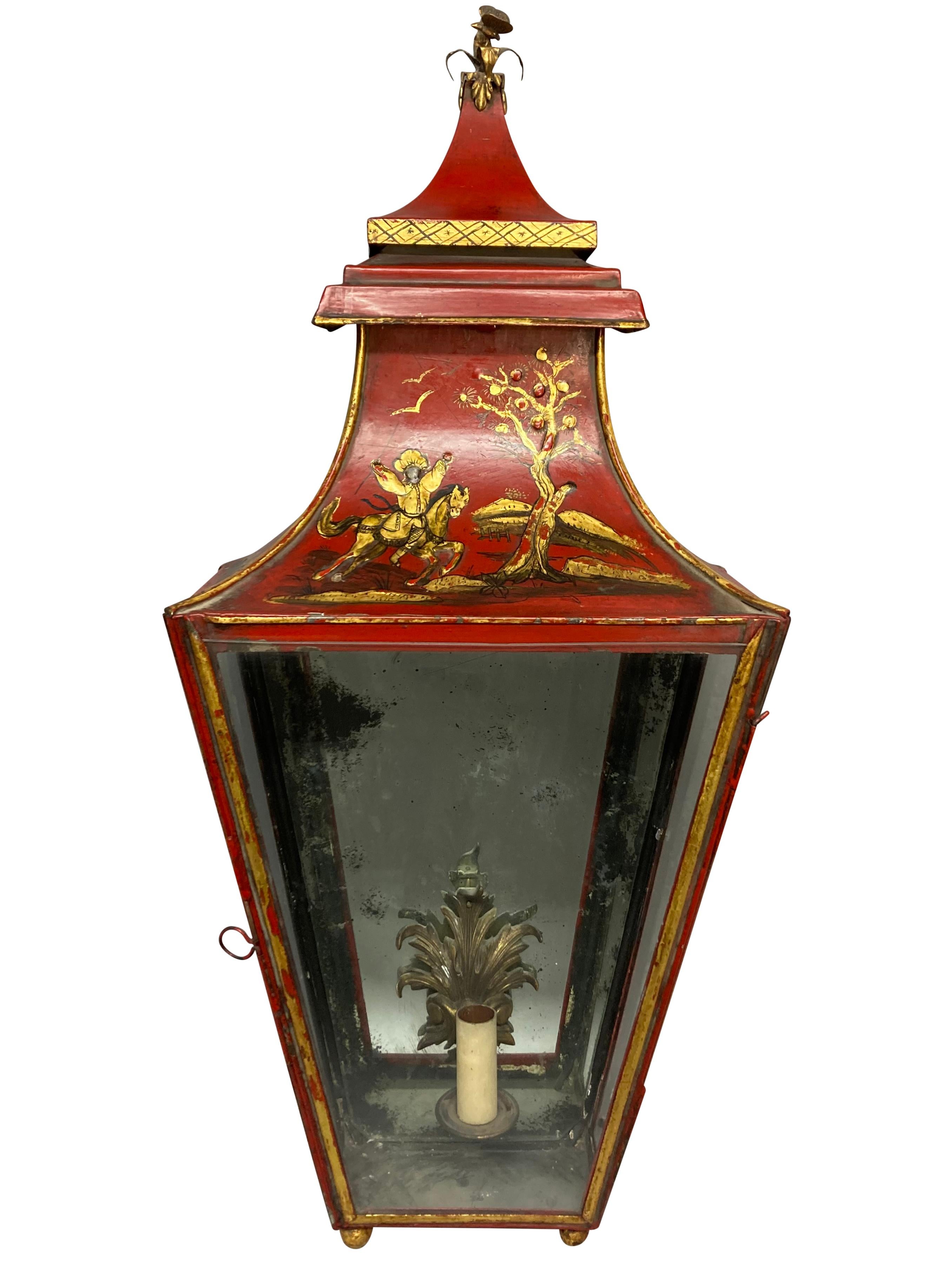 Brass Impressive Pair Of Regency Style Scarlet Japanned Wall Lanterns For Sale