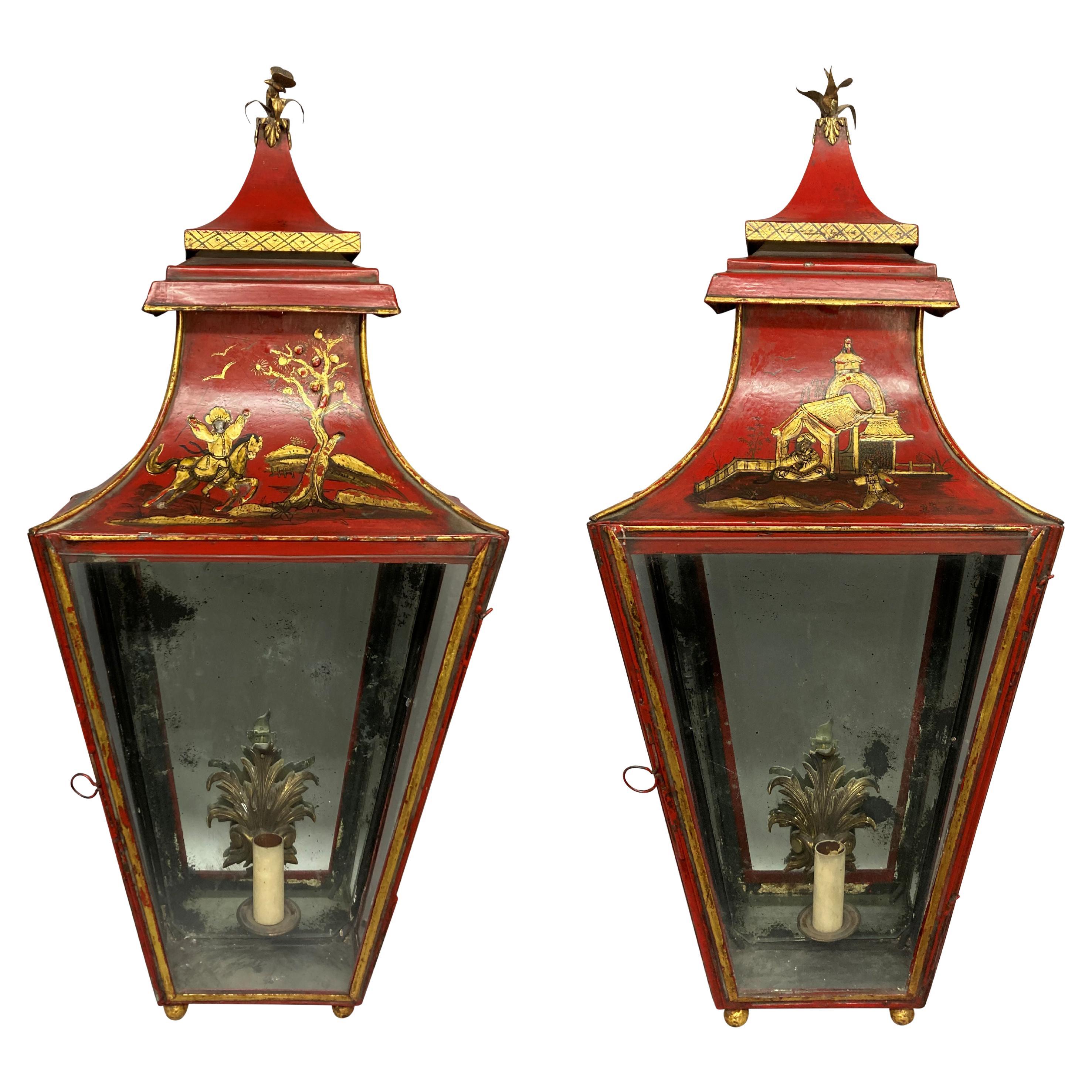 Impressive Pair Of Regency Style Scarlet Japanned Wall Lanterns