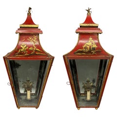 Antique Impressive Pair Of Regency Style Scarlet Japanned Wall Lanterns