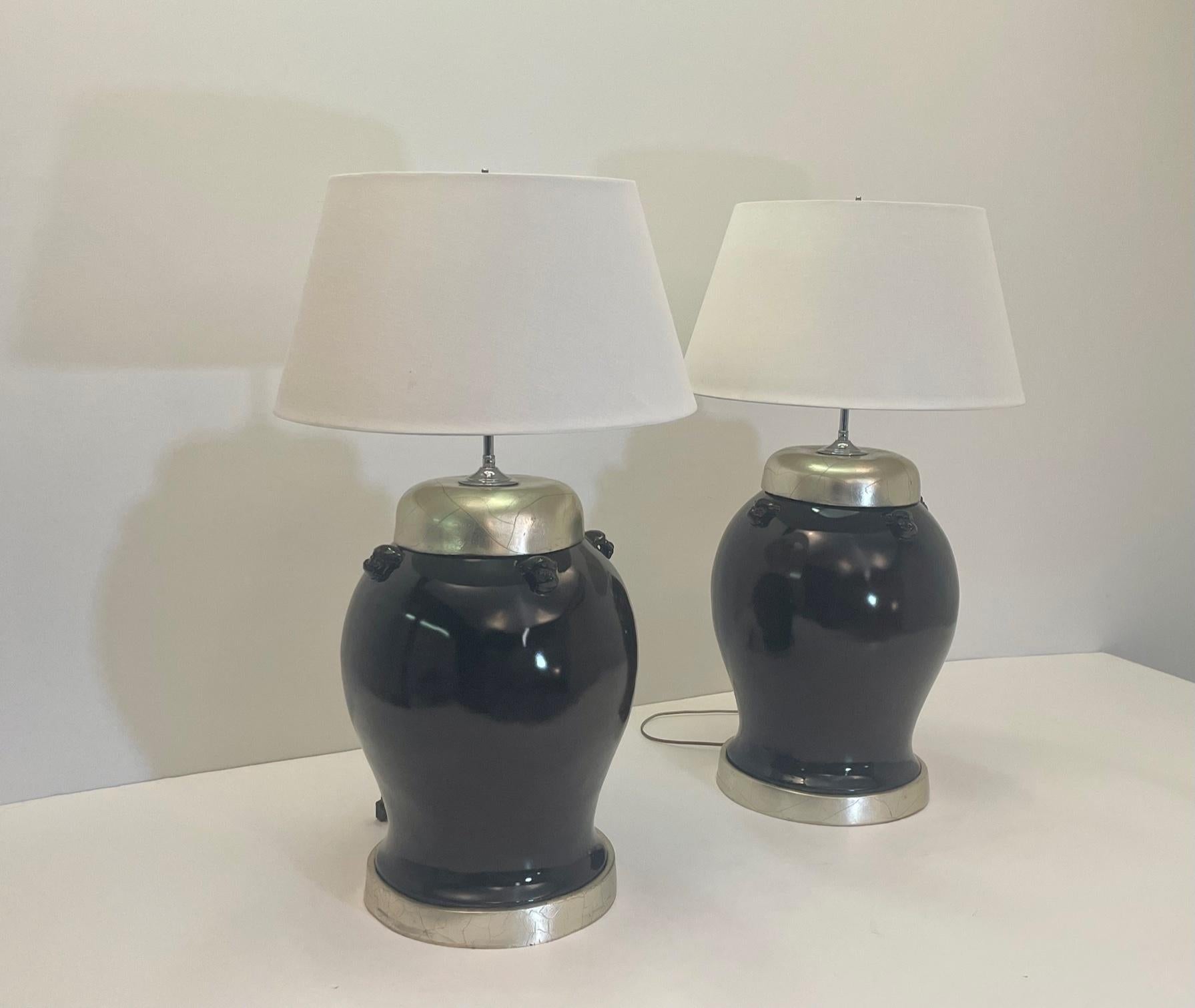 Impressive Pair of Rich Burgundy Laquer & Silver Leaf Ginger Jar Table Lamps For Sale 4