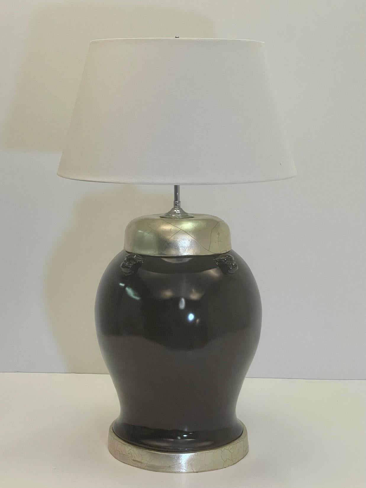 Impressive Pair of Rich Burgundy Laquer & Silver Leaf Ginger Jar Table Lamps For Sale 6
