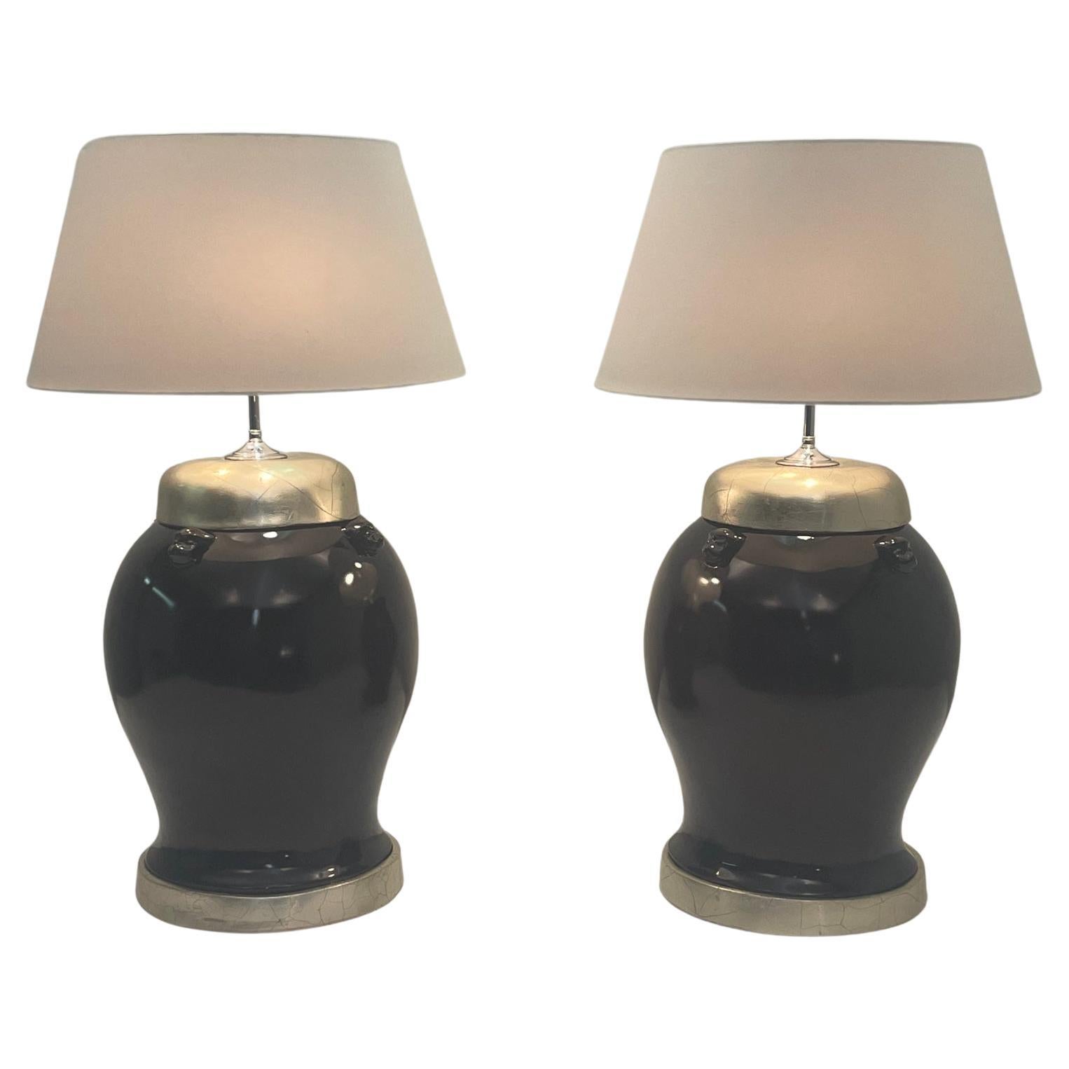 Impressive Pair of Rich Burgundy Laquer & Silver Leaf Ginger Jar Table Lamps For Sale