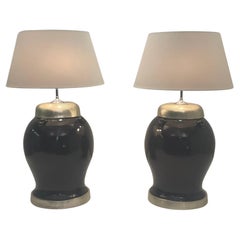 Retro Impressive Pair of Rich Burgundy Laquer & Silver Leaf Ginger Jar Table Lamps