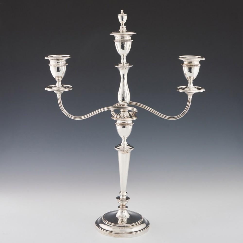 Heading : A pair of two branch candelabra
Date : Hallmarked in Sheffield in 1910 for George Edward & Sons - all four sconces, arms, and bases fully hallmarked RD 566338
Period : Edward VII
Origin : Sheffield, Yorkshire, England
Decoration : Each