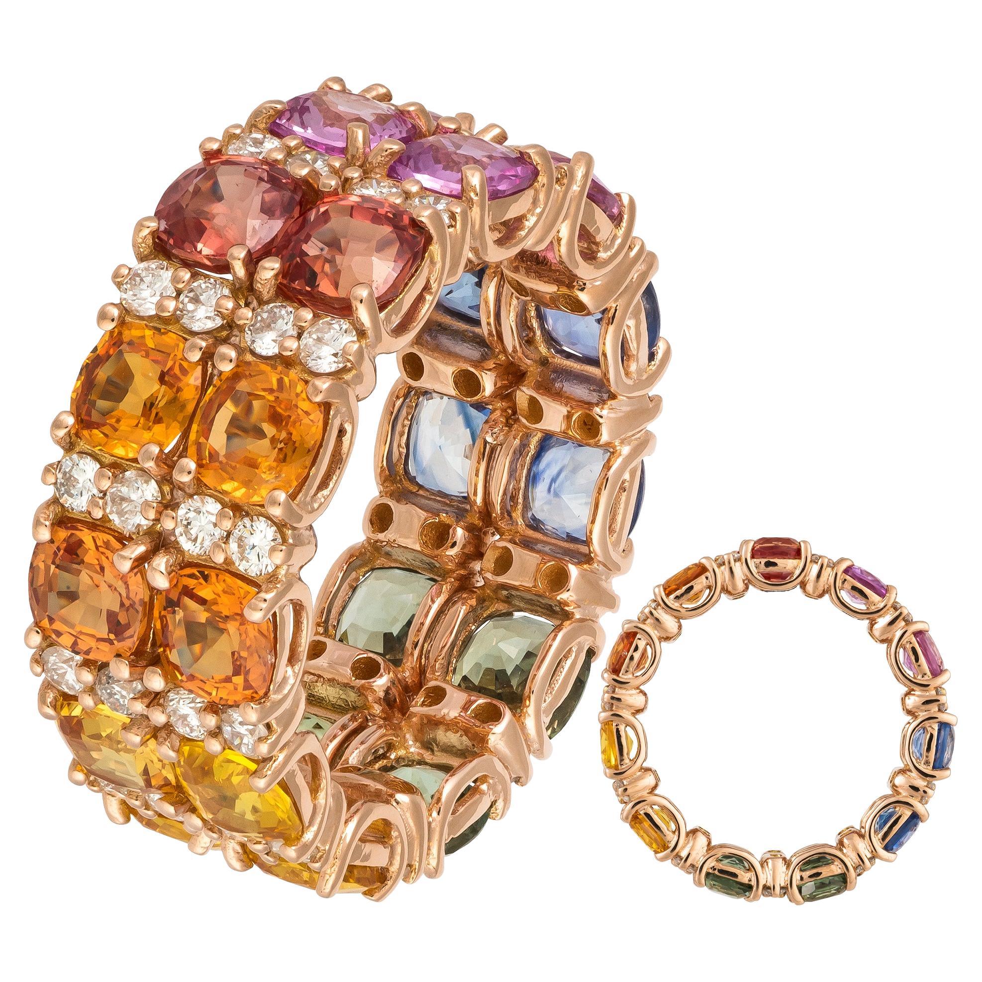 Beeindruckender Ring aus rosa 18 Karat Gold mit mehreren Saphiren und weißen Diamanten für sie