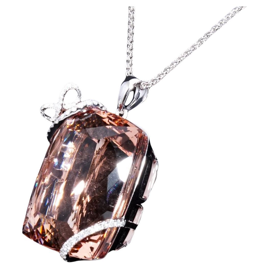 Cushion Cut IMPRESSIVE Pink Morganite 115 Carat Pendant Diamond Necklace For Sale