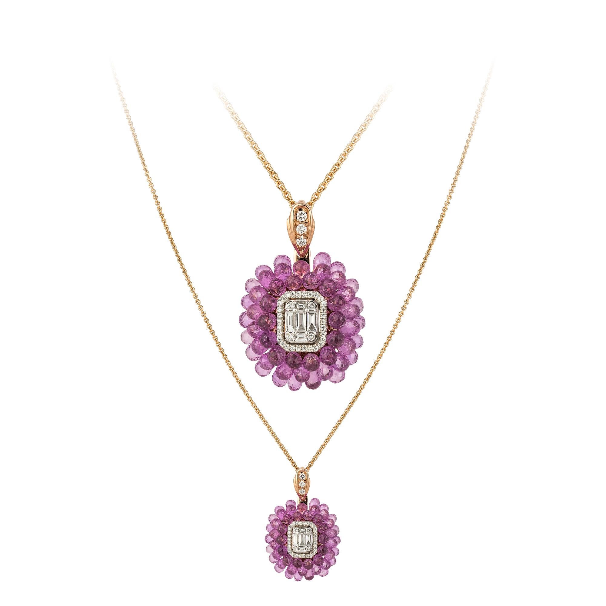 Antique Cushion Cut Impressive Pink Sapphire Diamond 18 Karat White Gold Necklace for Her For Sale