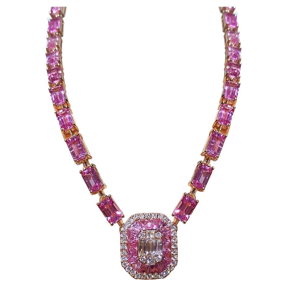 Impressive Pink Sapphire Diamond Yellow Gold 18K Necklace for Her For Sale