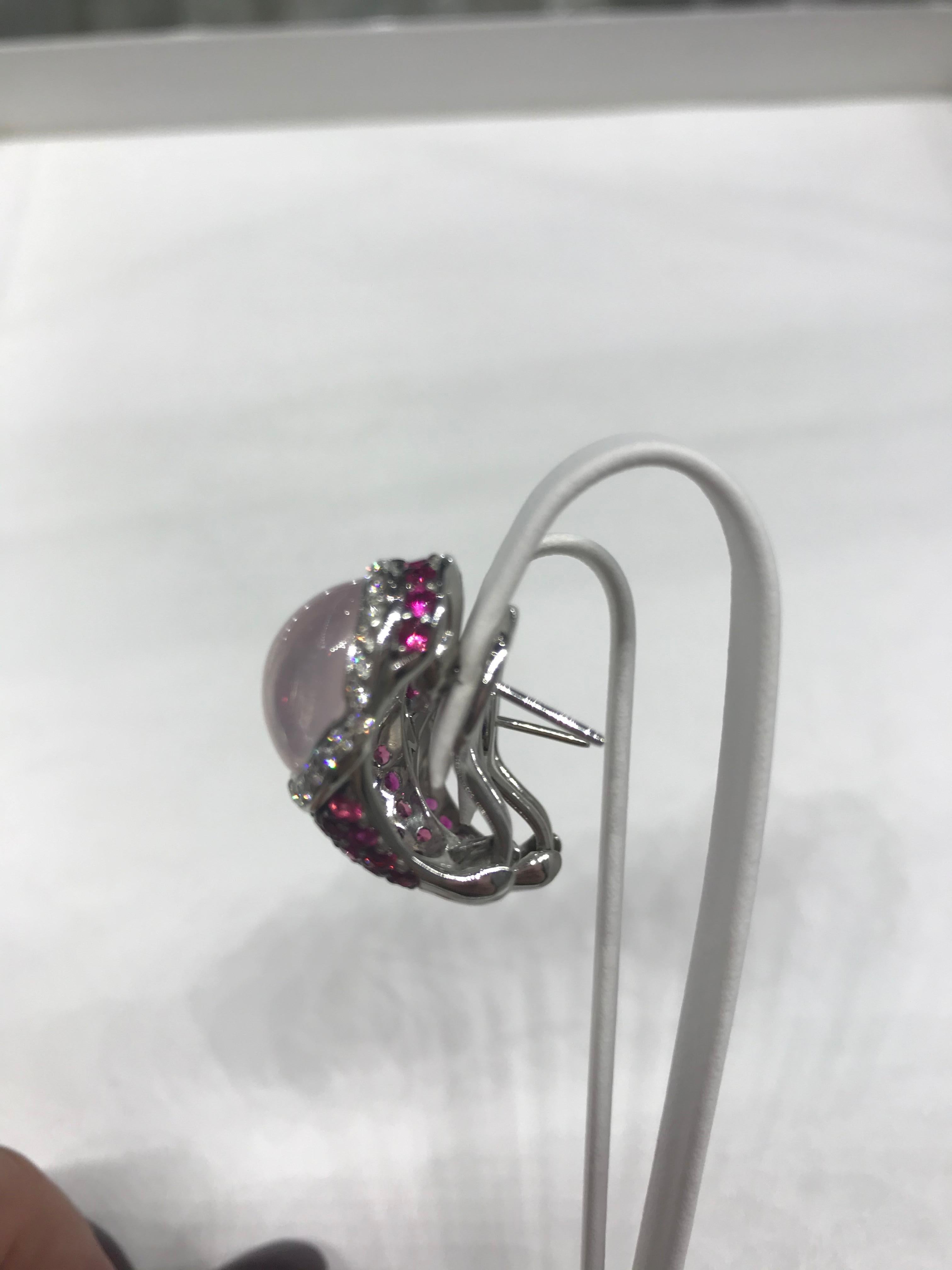Round Cut Impressive Pink Sapphire Pink Quartz White Diamond Gold 18 Karat Earrings For Sale