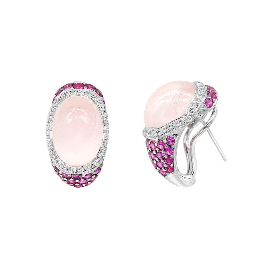 Impressive Pink Sapphire Pink Quartz White Diamond Gold 18 Karat Earrings
