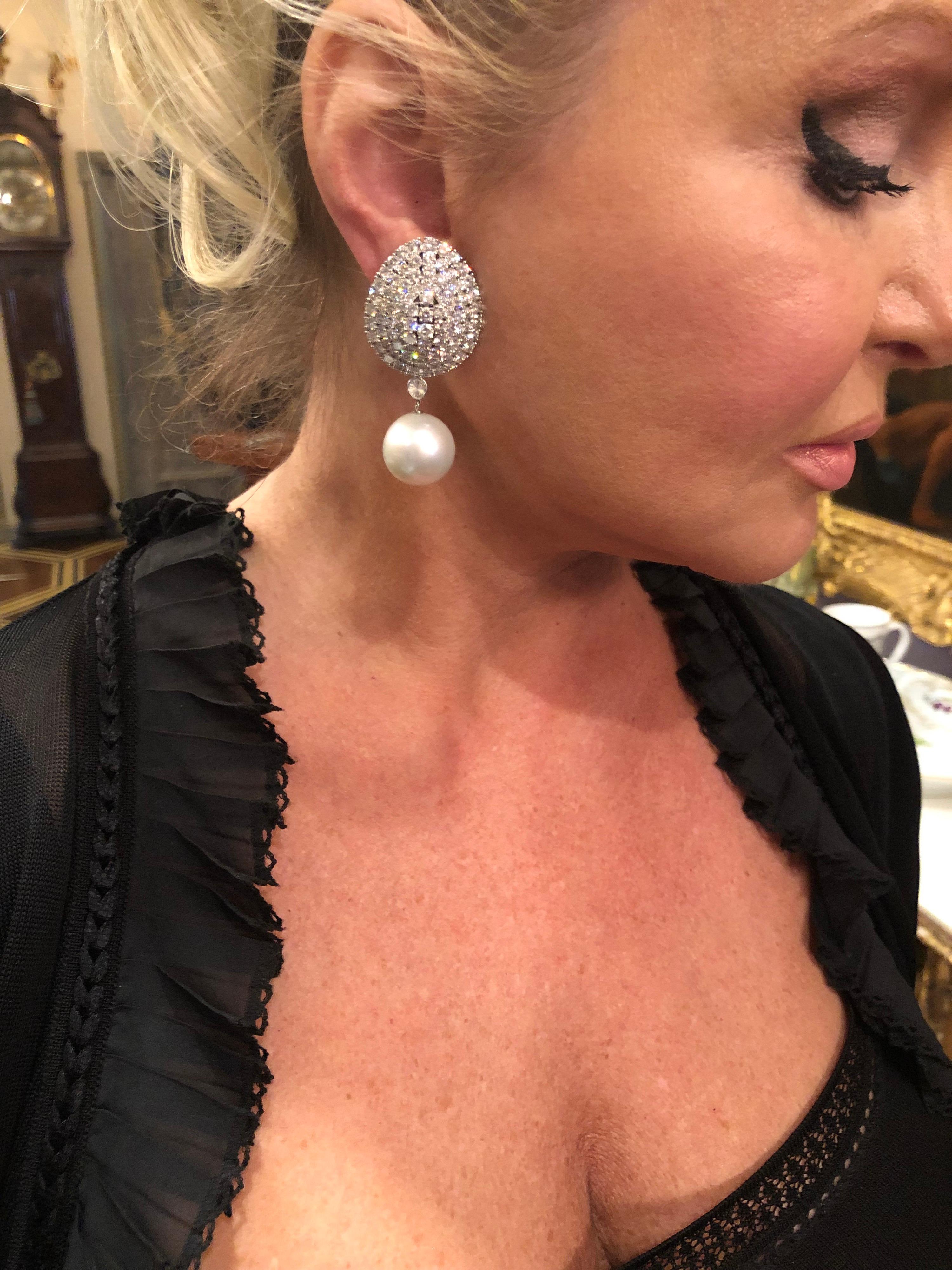 Impressive Platinum Diamond Dome Earrings with Removable South Sea Pearl Drop For Sale 2