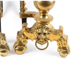 1800s Pr. Brass Steeple Finial Andirons- Lion Heads-Provenance