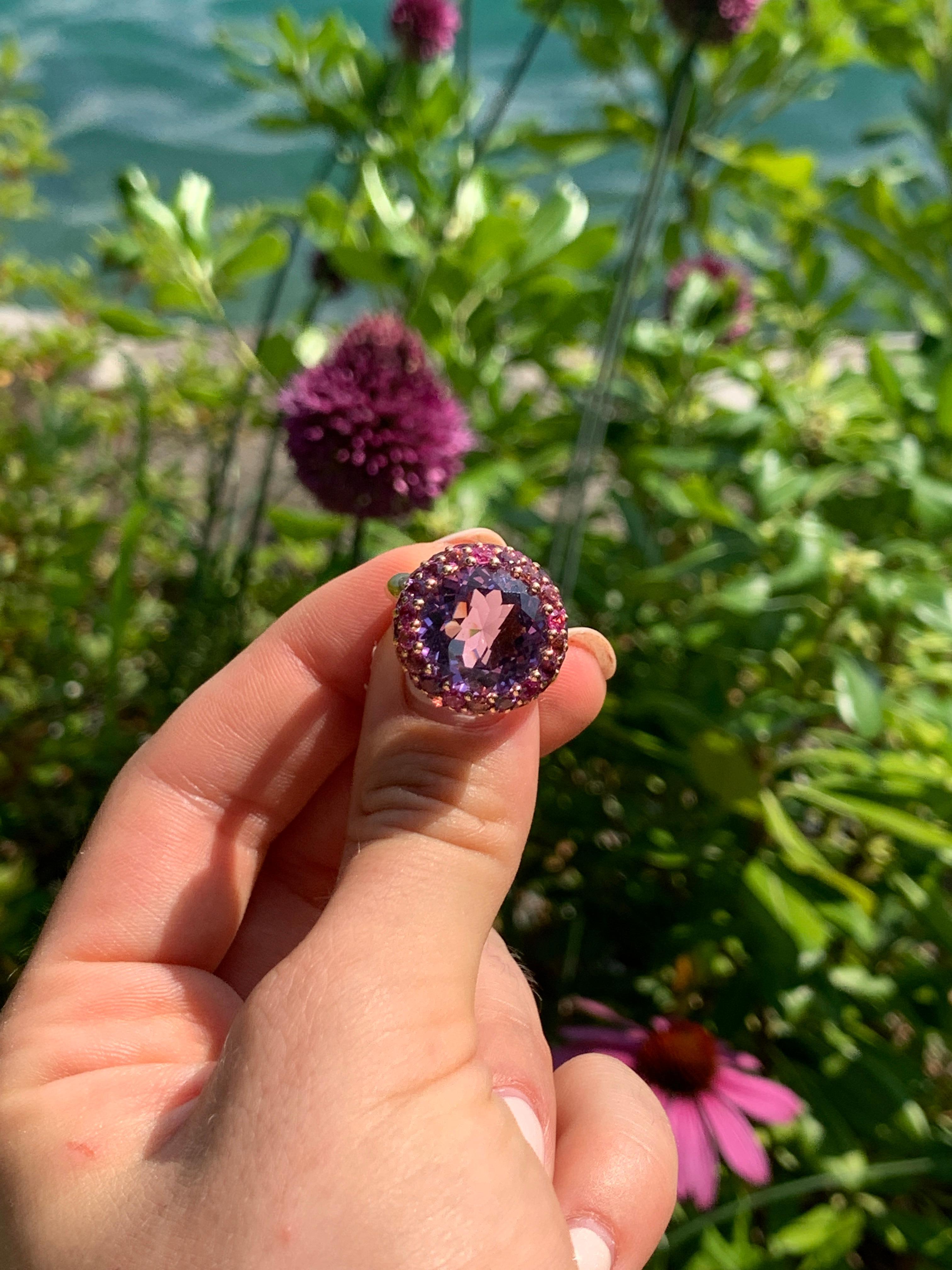 Ring Yellow Gold 18 K (Matching Earrings Available)

Amethyst 21-8,54ct
Pink Sapphire 17-1,48
Tourmaline 17-1,19ct

Weight 11,17 grams

With a heritage of ancient fine Swiss jewelry traditions, NATKINA is a Geneva based jewellery brand, which