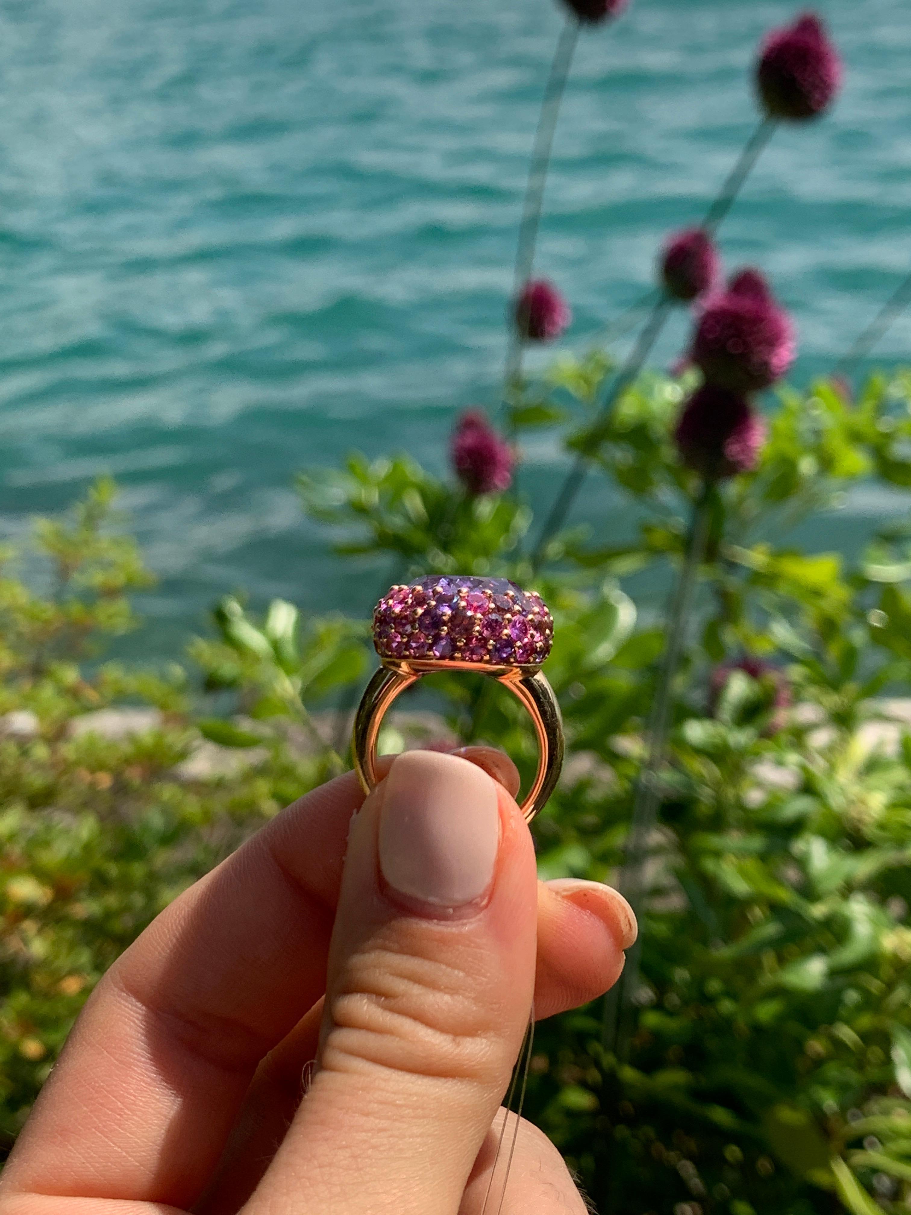 Round Cut Impressive Pure Amethyst Pink Sapphire Tourmaline Yellow 18 Karat Gold Earrings For Sale