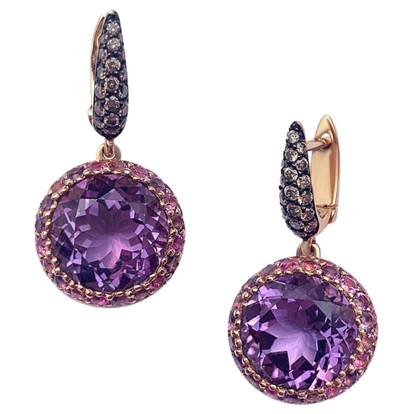 Impressive Pure Amethyst Pink Sapphire Tourmaline Yellow 18 Karat Gold Earrings