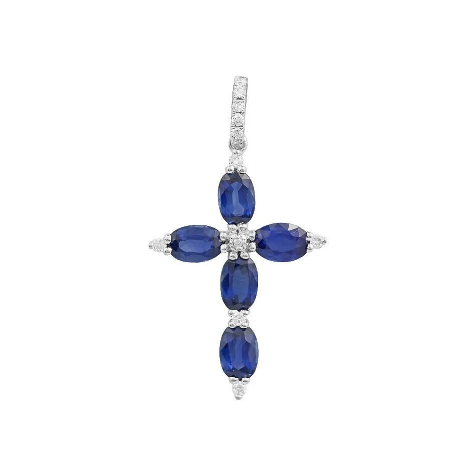Modern Impressive Rare Blue Sapphire Diamond White Gold Pendant Cross For Sale