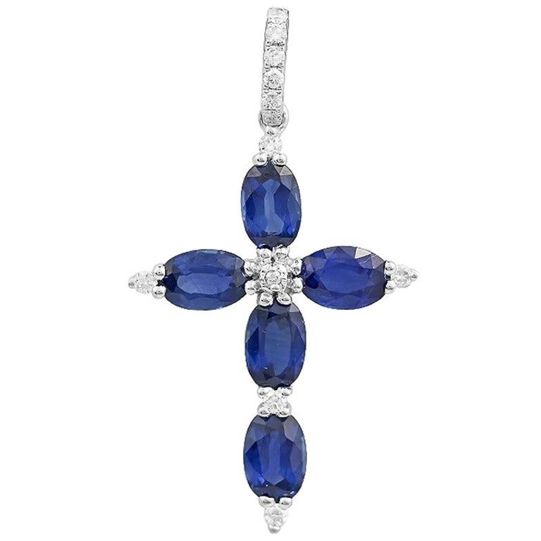 Impressive Rare Blue Sapphire Diamond White Gold Pendant Cross For Sale