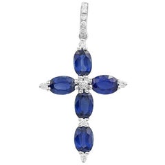 Impressive Rare Blue Sapphire Diamond White Gold Pendant Cross