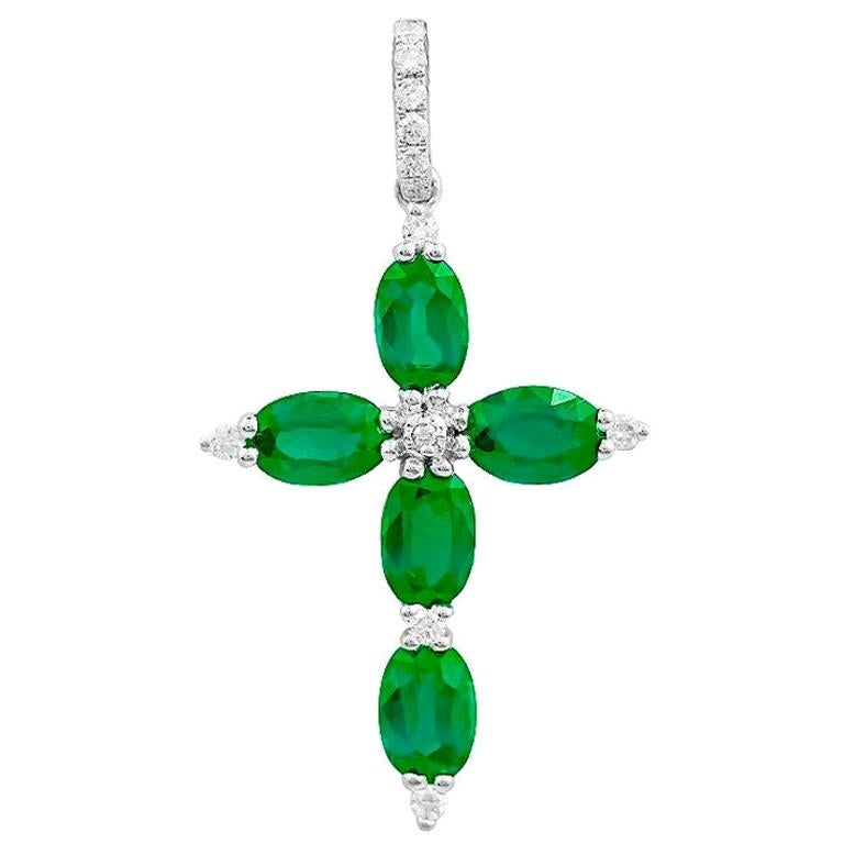 Impressive Rare Emerald Diamond White Gold Pendant Cross