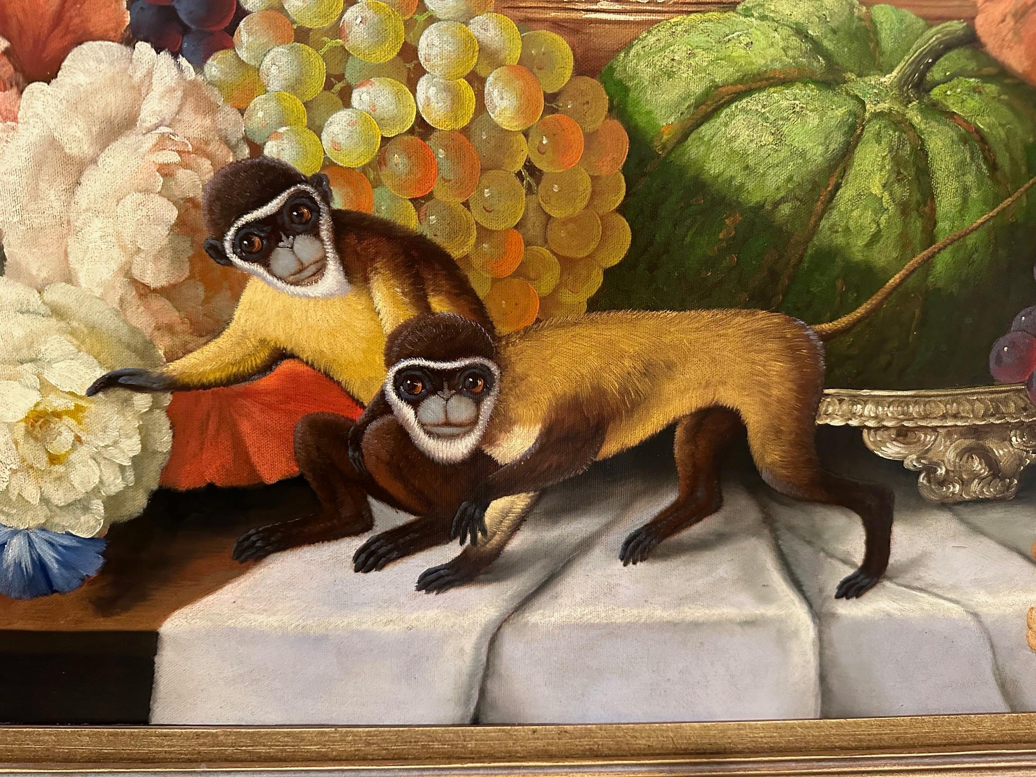 Impressive large realistic still life with fruit and adorable pair of monkeys.  Signed by artist Steve Rodgers

38” W x 32” H x 3” D
Canvas 24” H x 30” W