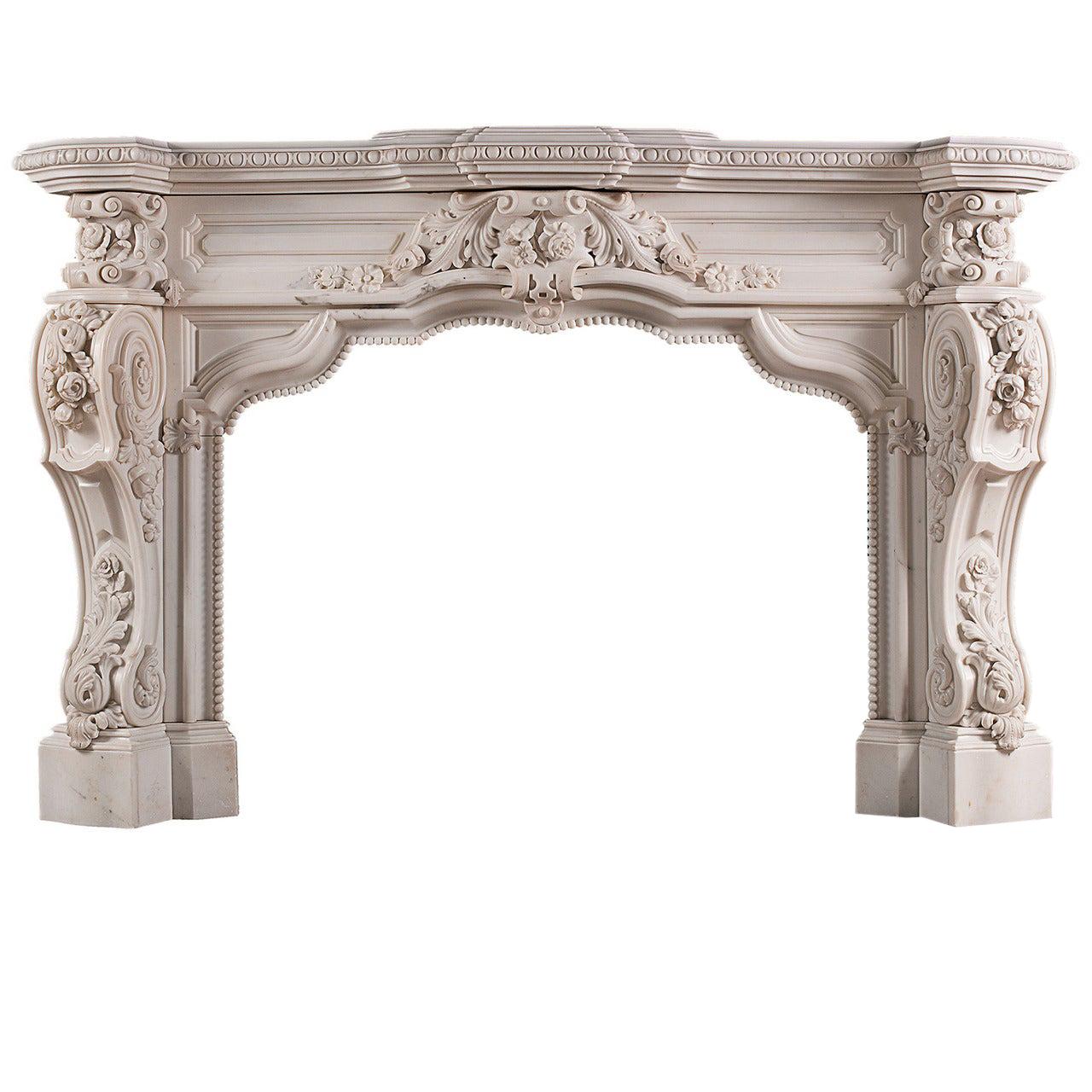 Impressive Rococo Fireplace Mantel in Statuary Marble For Sale