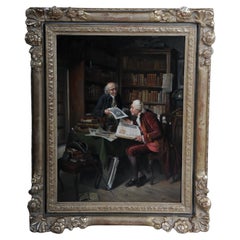 Impressive Rococo oil painting Book lovers in the library, 19th Century, signed