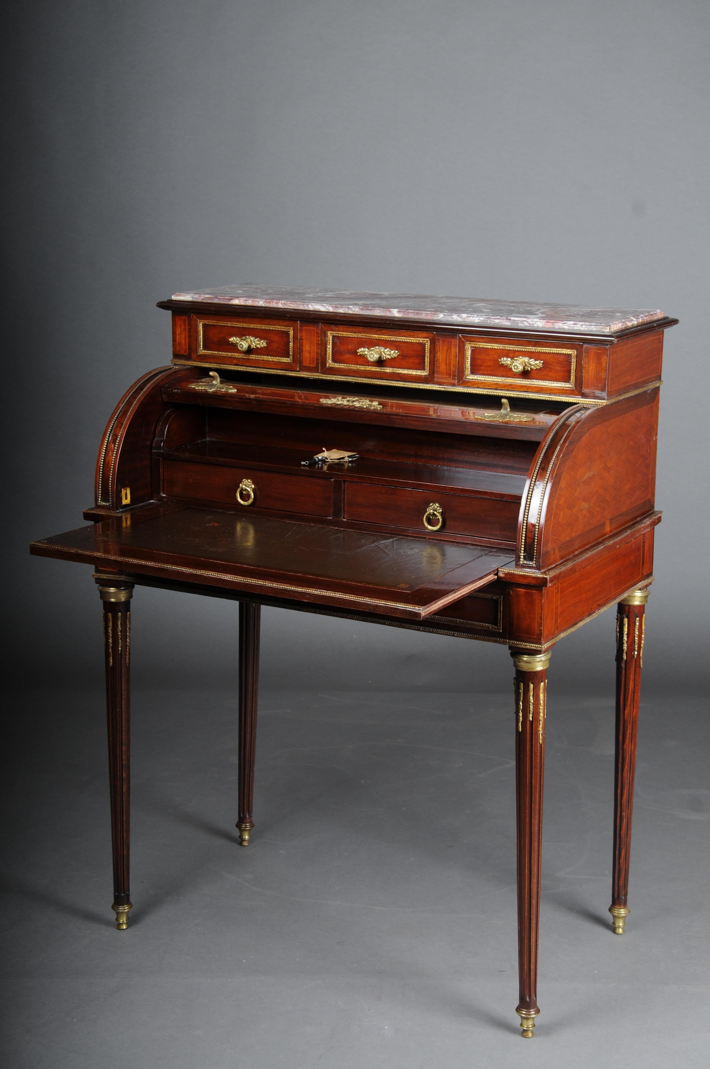 Impressive rolling secretary in Louis XVI, 20th Century.

Scroll function with a Watteau painting, signed. Extendable writing surface covered with leather. Rich marquetry on the side. Marble top plate.
High fluted legs with partially gilded
