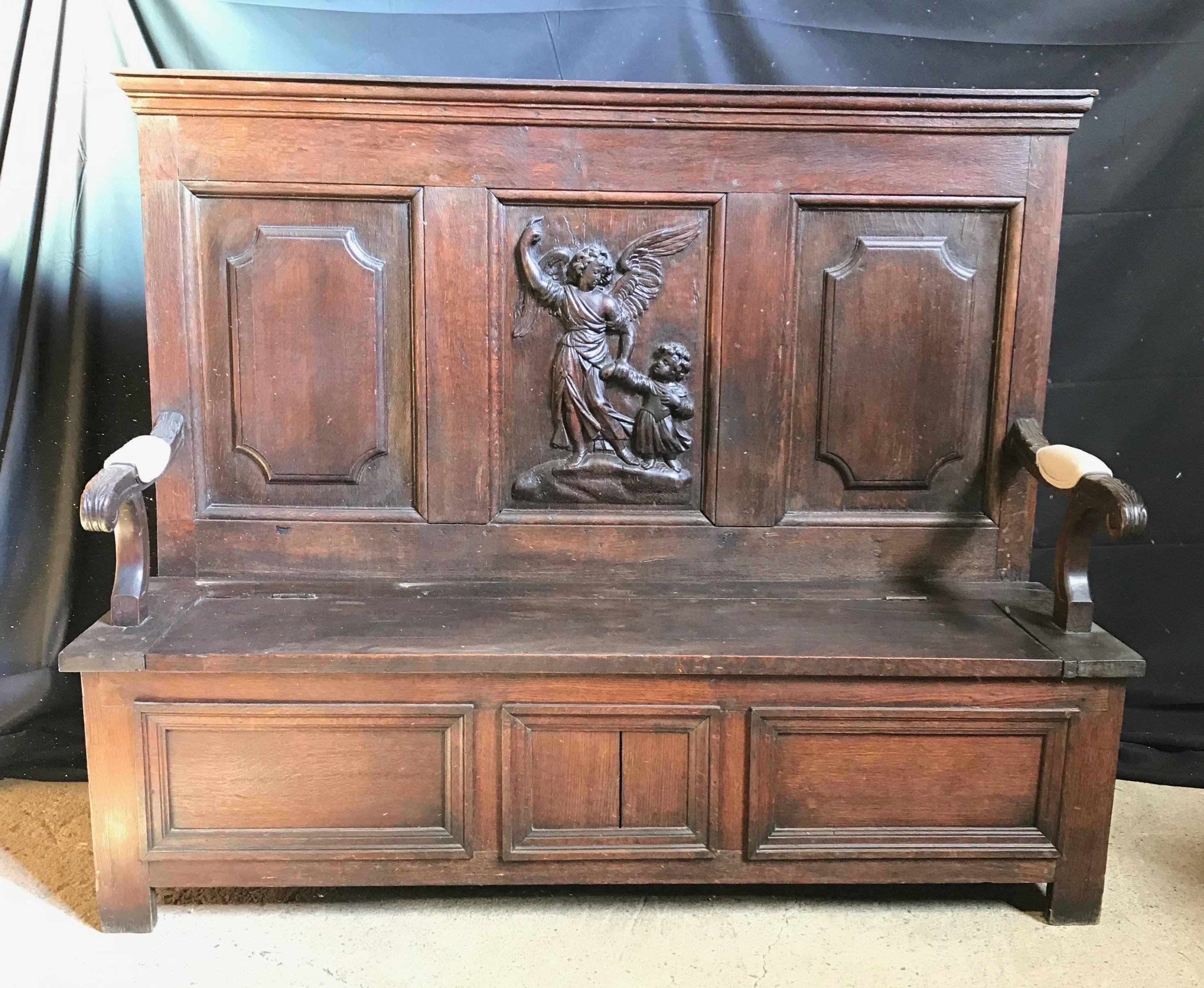 Impressive Romantic French Bench with Carved Angel and Storage Under Seat In Excellent Condition In Hopewell, NJ