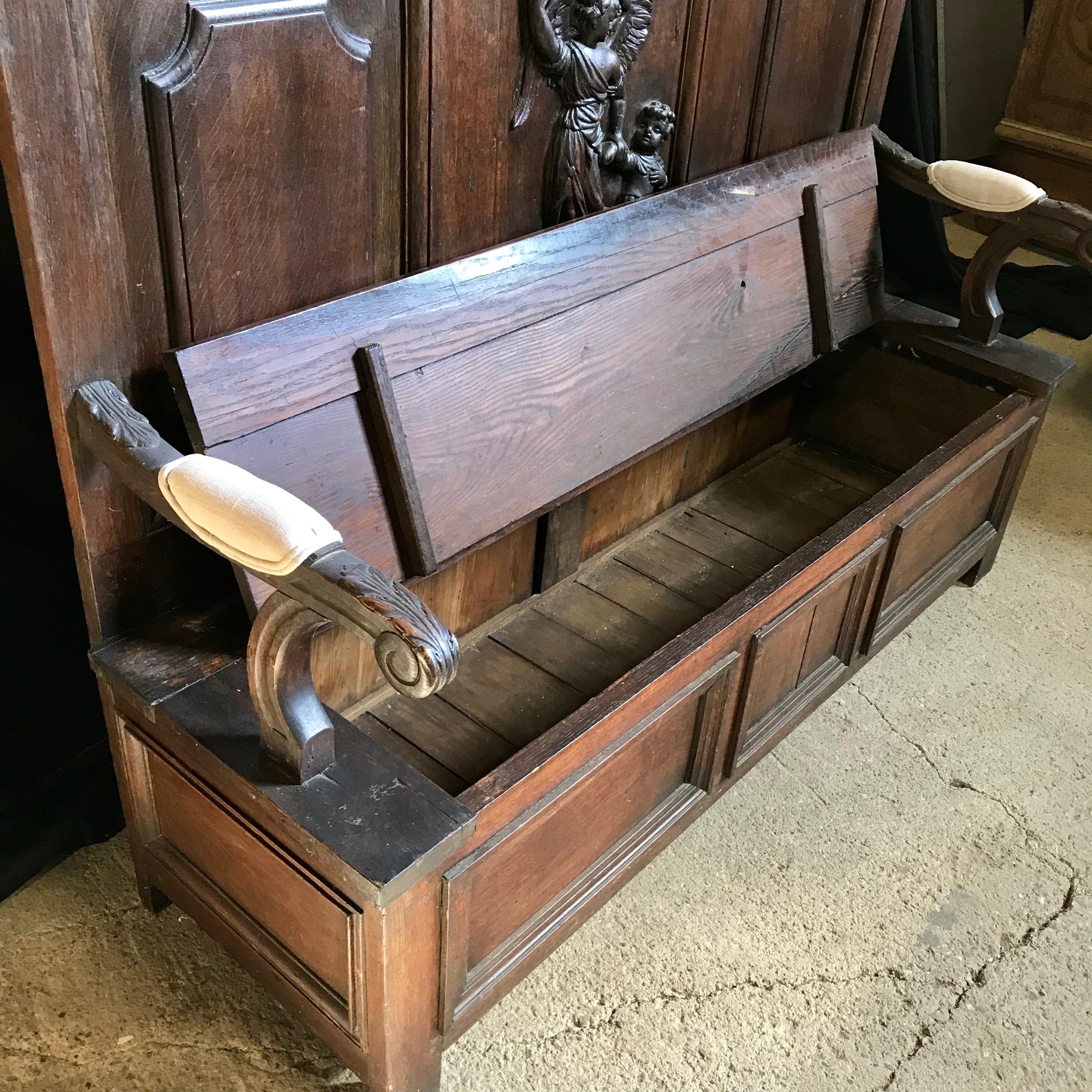 19th Century Impressive Romantic French Bench with Carved Angel and Storage Under Seat