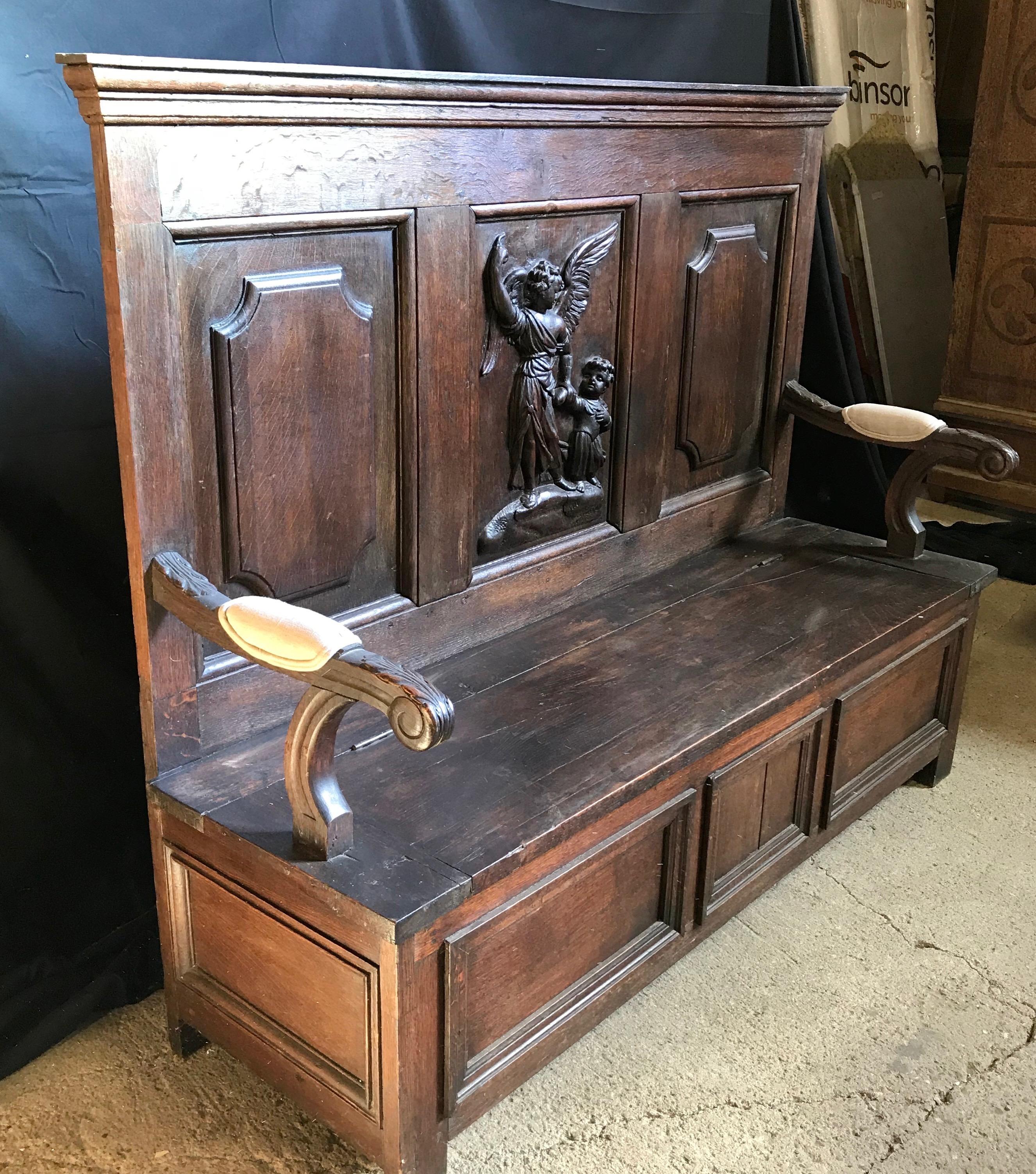 Impressive Romantic French Bench with Carved Angel and Storage Under Seat 3