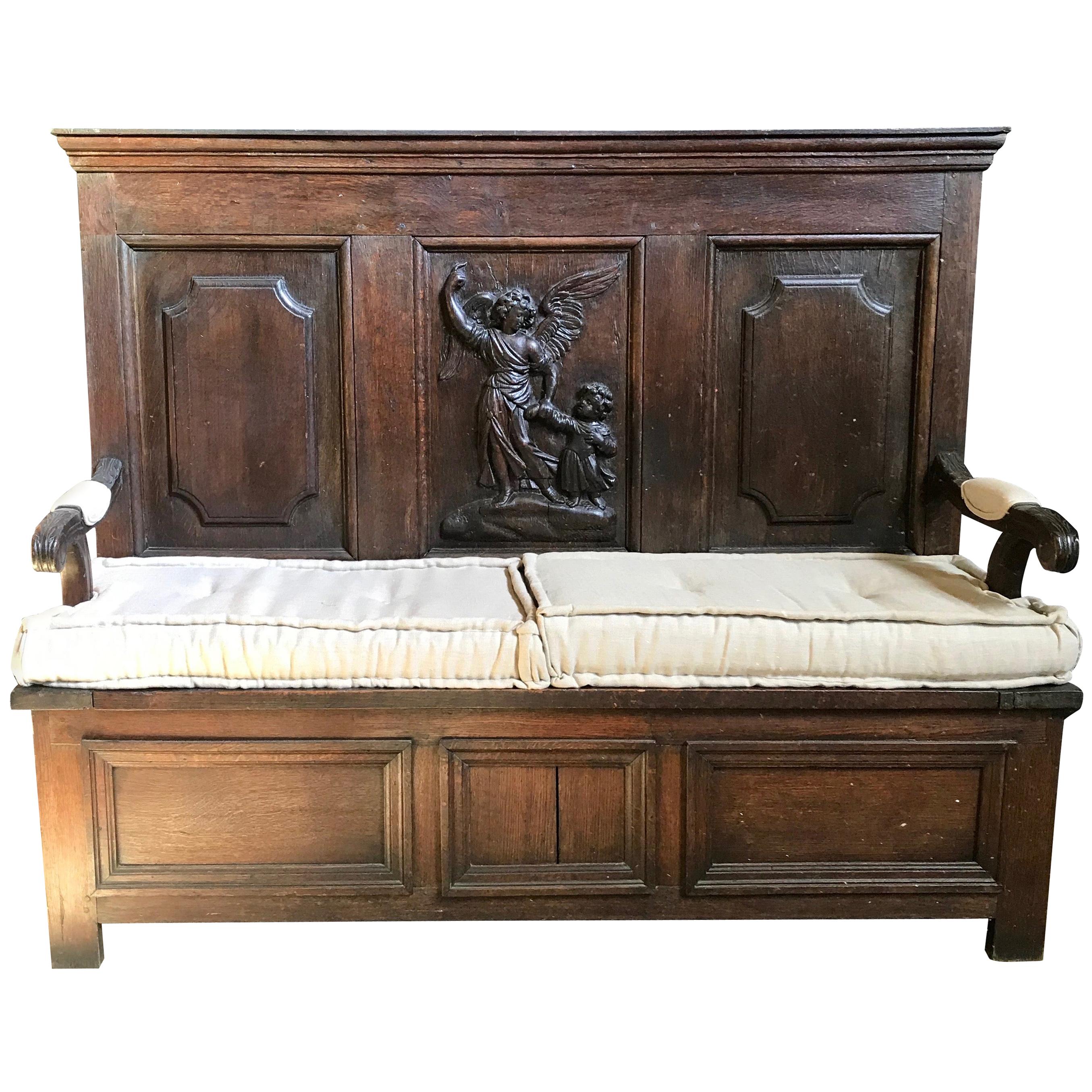 Impressive Romantic French Bench with Carved Angel and Storage Under Seat