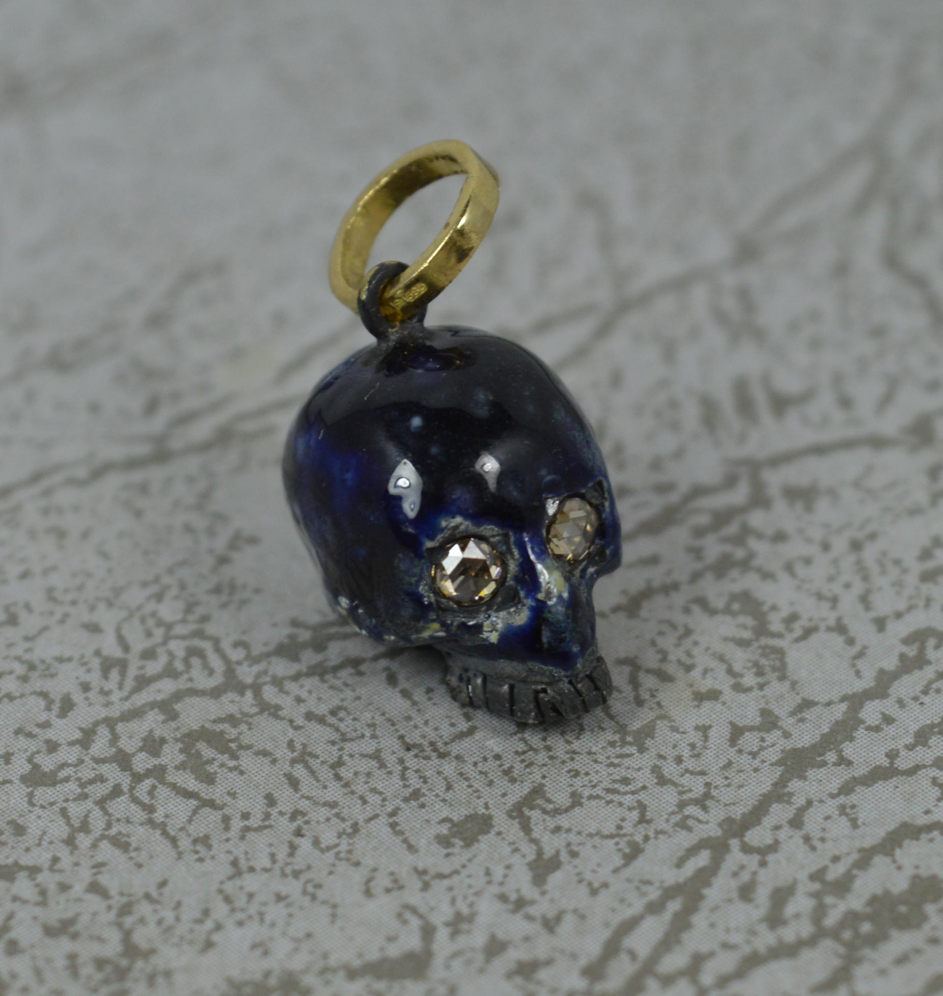 Impressive Rose Cut Diamond Blue Enamel 9ct Gold Skull Pendant Charm 1