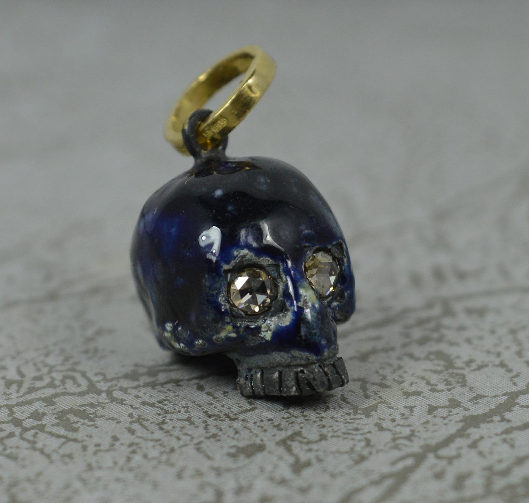 Impressive Rose Cut Diamond Blue Enamel 9ct Gold Skull Pendant Charm 2