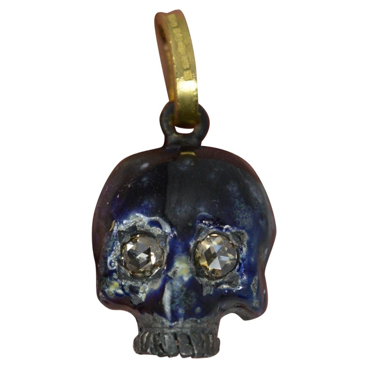Impressive Rose Cut Diamond Blue Enamel 9ct Gold Skull Pendant Charm