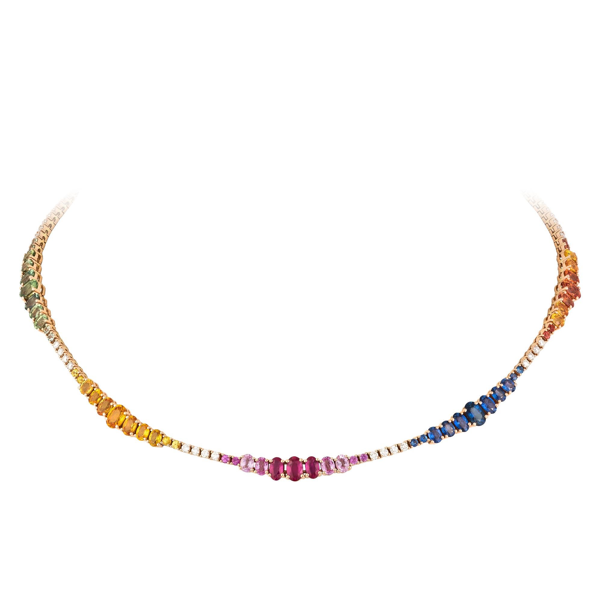 NECKLACE 18K Rose Gold 
Diamond 0.93 Cts/38 Pcs 
Multi Sapphire 11.35 Cts/52 Pcs 
Ruby 1.11 Cts/3 Pcs

With a heritage of ancient fine Swiss jewelry traditions, NATKINA is a Geneva based jewellery brand, which creates modern jewellery masterpieces