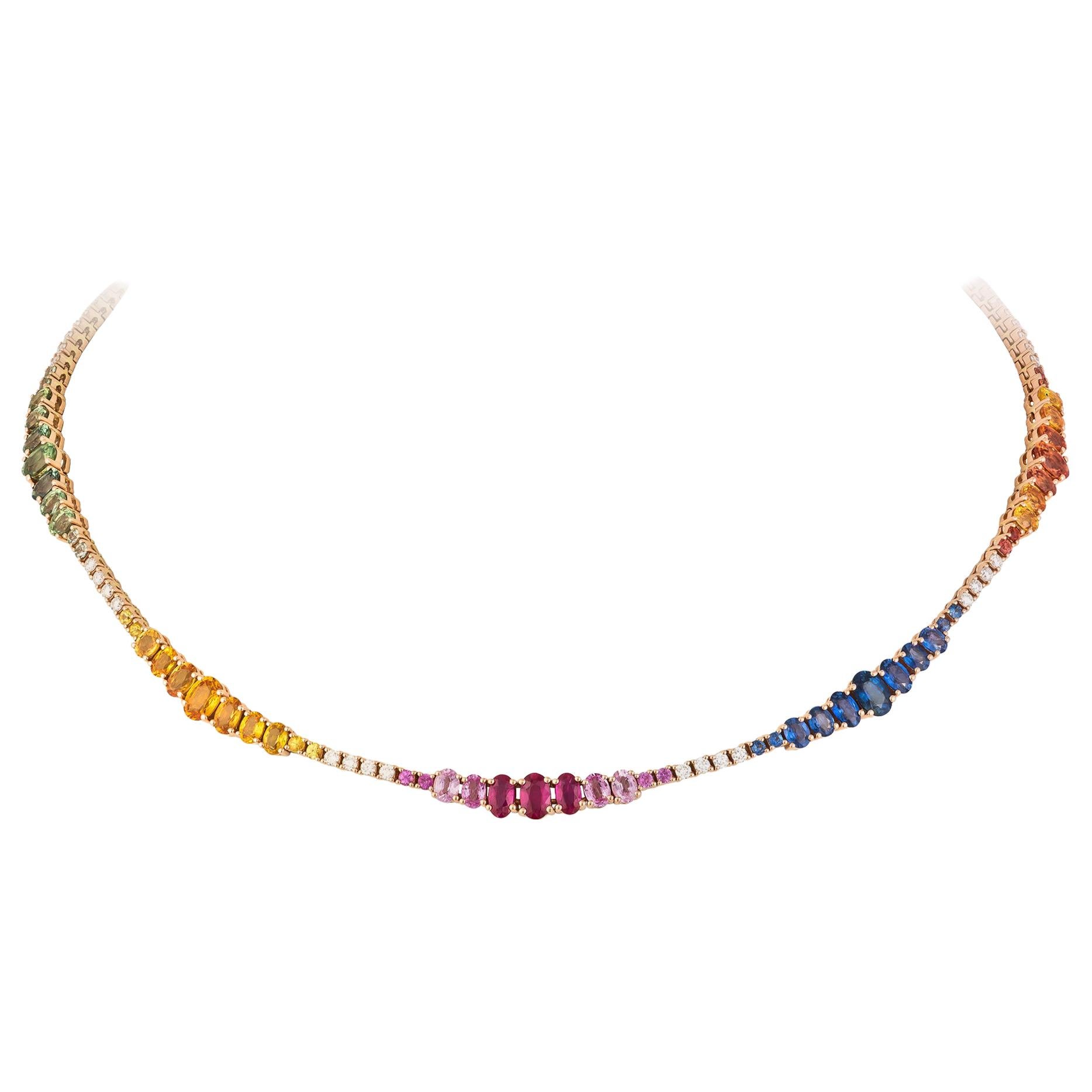 Impressive Ruby Multi Sapphire Diamond 18 Karat Rose Gold Necklace for Her For Sale