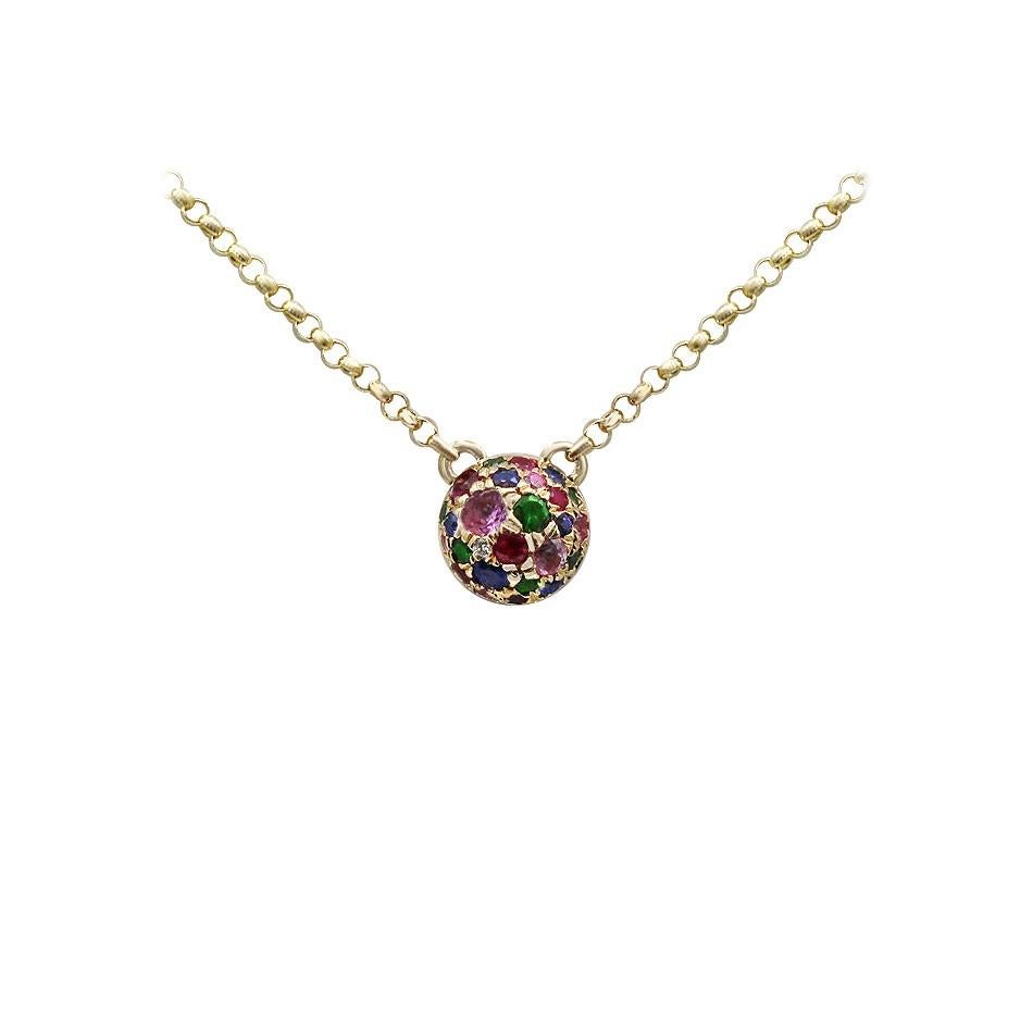 Necklace Yellow Gold 14 K 

Diamond 1-RND-0,01-G/VS2A 
Pink Sapphire 6-0,09ct
Sapphire 6-0,06ct
Ruby 6-0,07ct
Tsavorite 7-0,06ct

Weight 2.29 grams
Length 45 cm

With a heritage of ancient fine Swiss jewelry traditions, NATKINA is a Geneva based