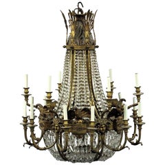 Antique Impressive Russian Empire Style Bronze & Crystal Chandelier with Faces & Eagles