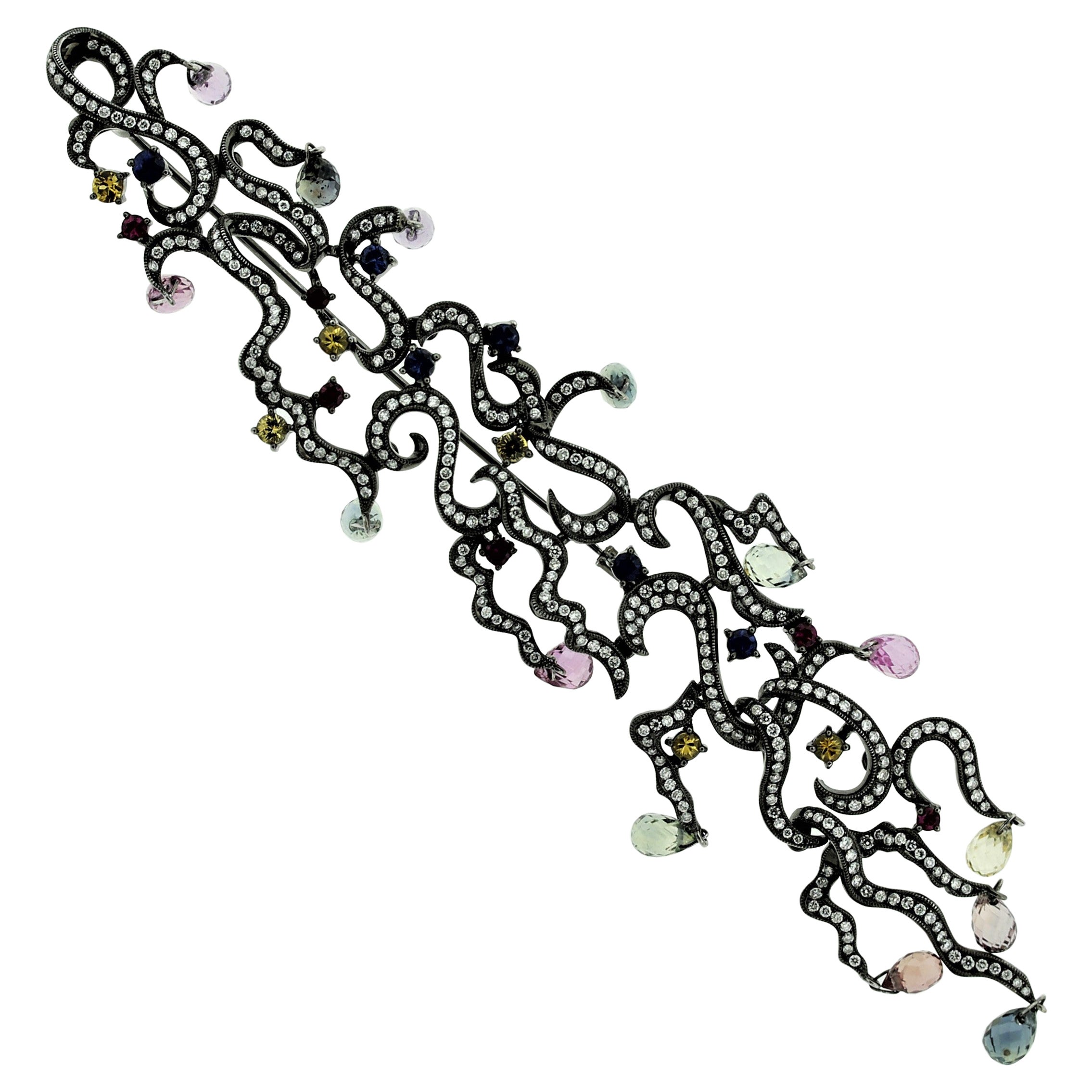 Impresionante Broche Gota Briolette Zafiro Diamante Oro